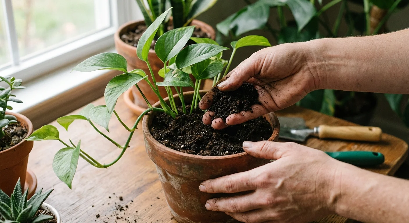 Adding dark organic compost to the base of a Pothos plant.