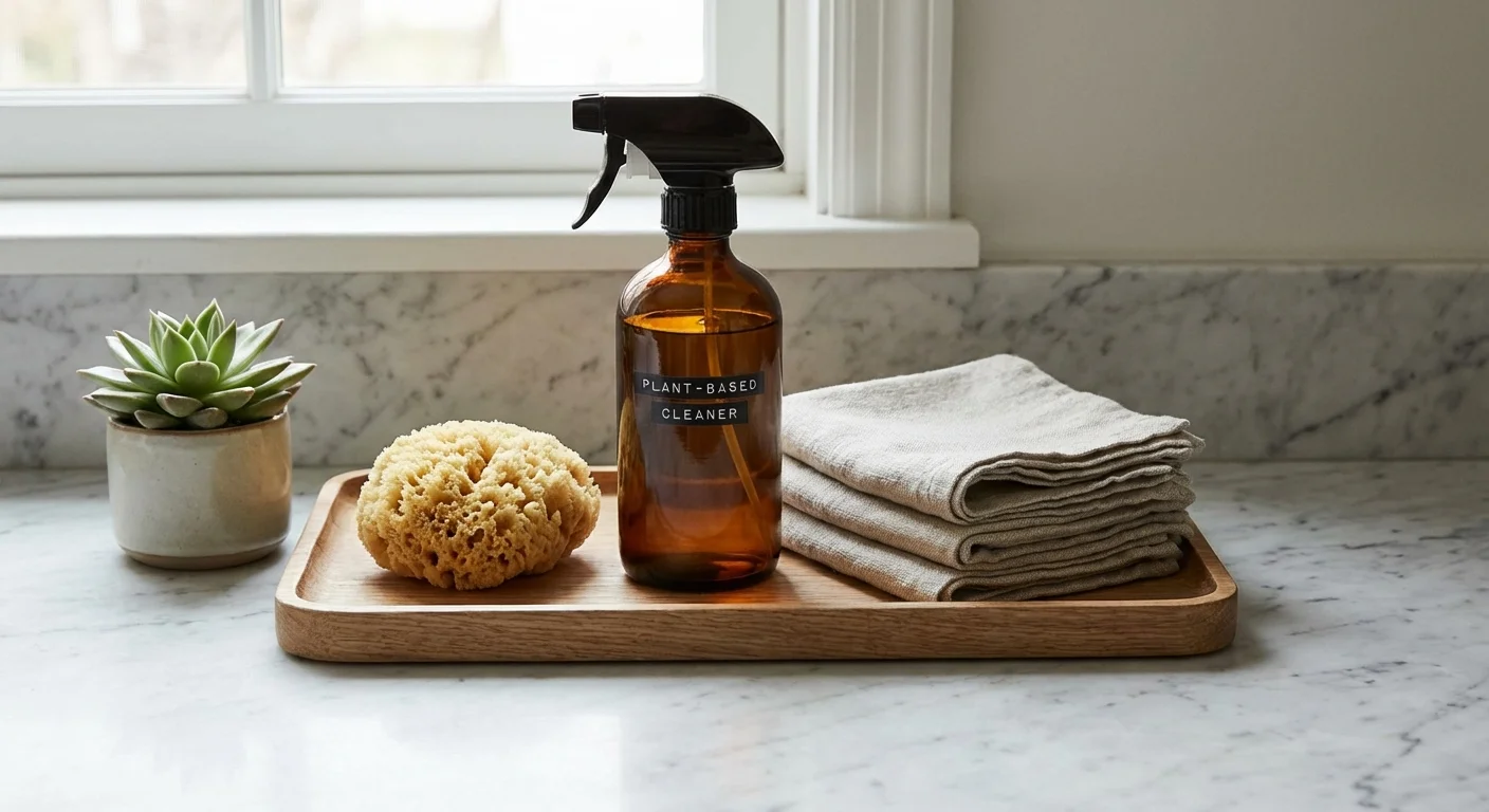 An aesthetic arrangement of eco-friendly cleaning supplies and a small plant on a tray.