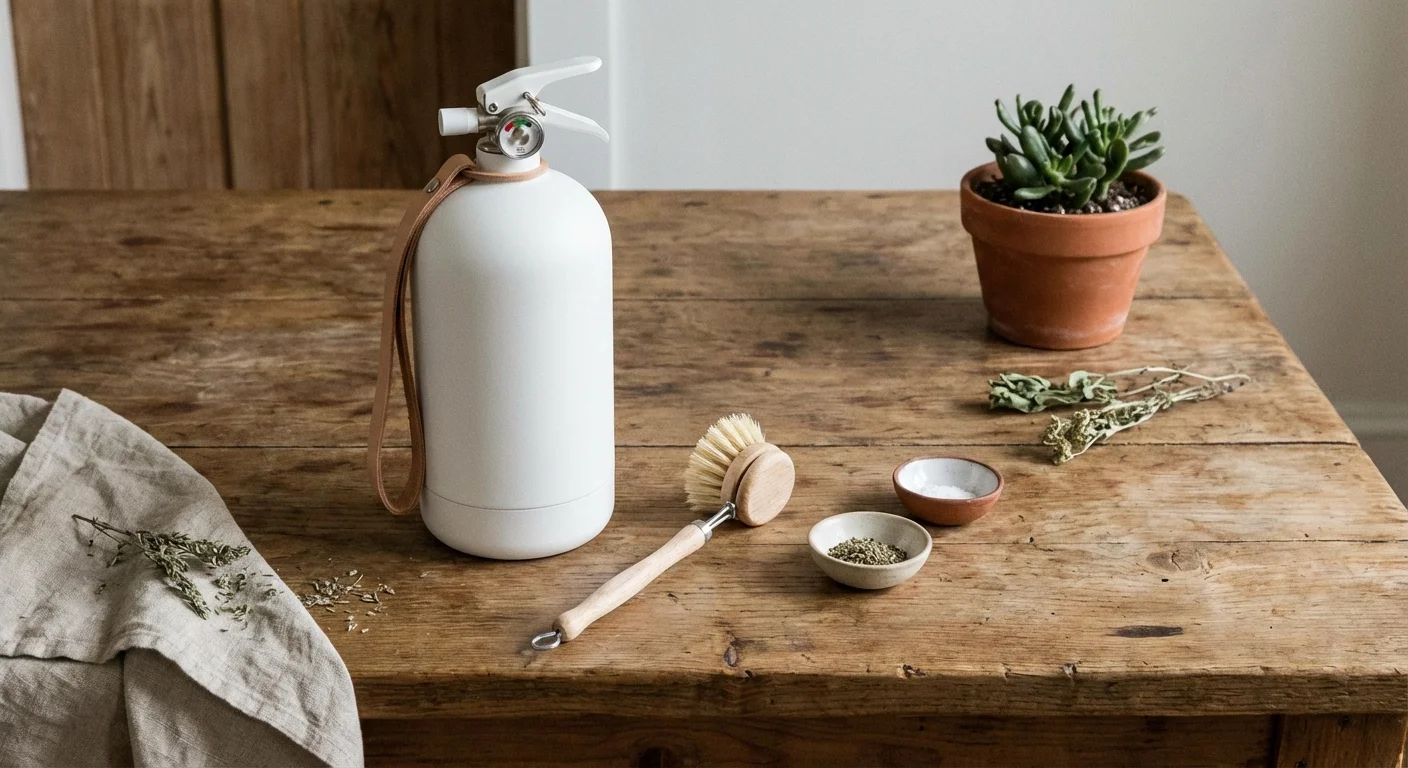 An aesthetic flat lay of a modern fire extinguisher and a small plant on a wooden table, symbolizing home safety preparation.