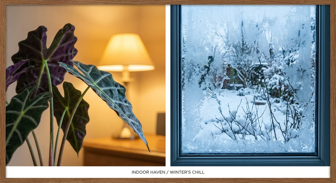 An Alocasia plant indoors safe from the cold winter weather outside.