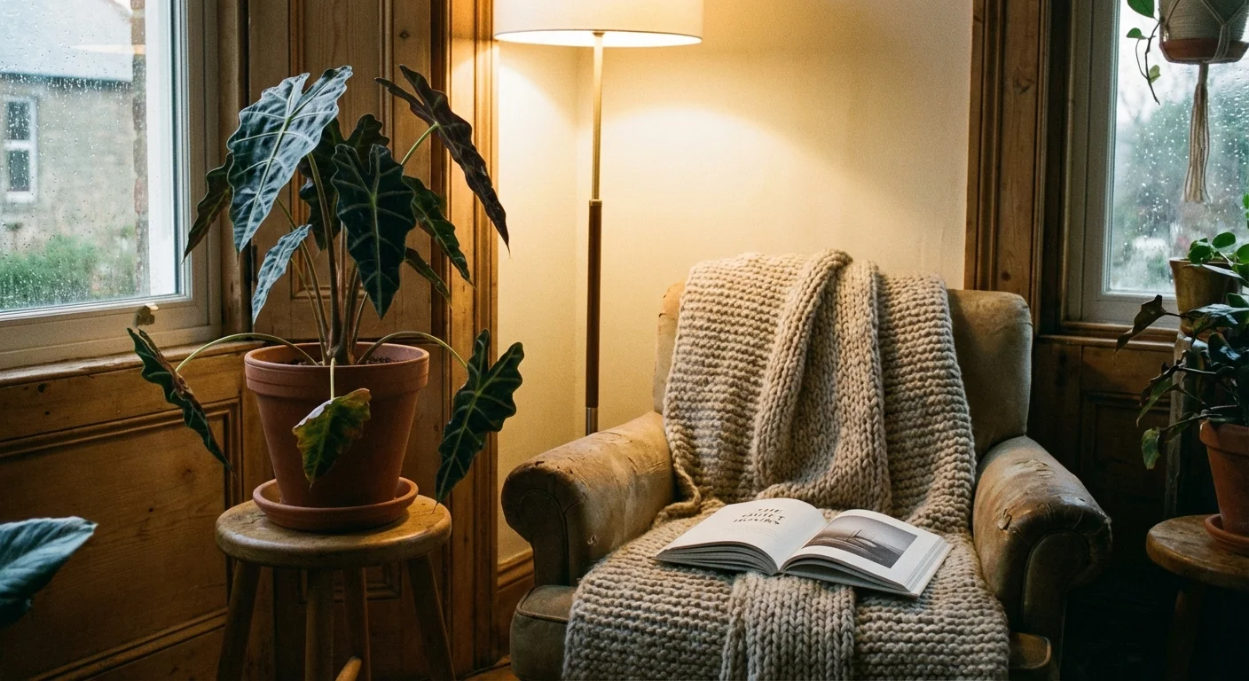 An Alocasia plant showing signs of dormancy in a cozy home setting.