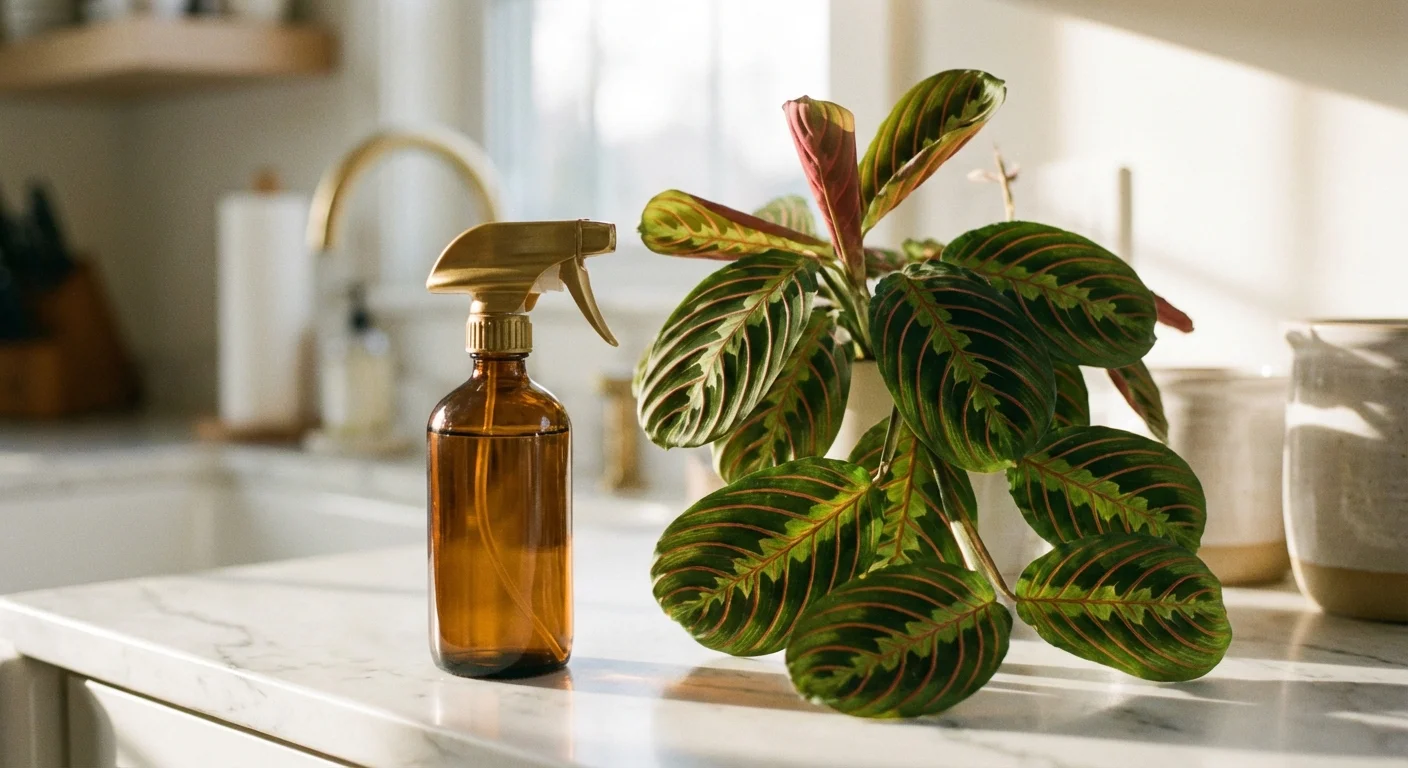 An amber glass spray bottle next to a Prayer Plant, suggesting misting.