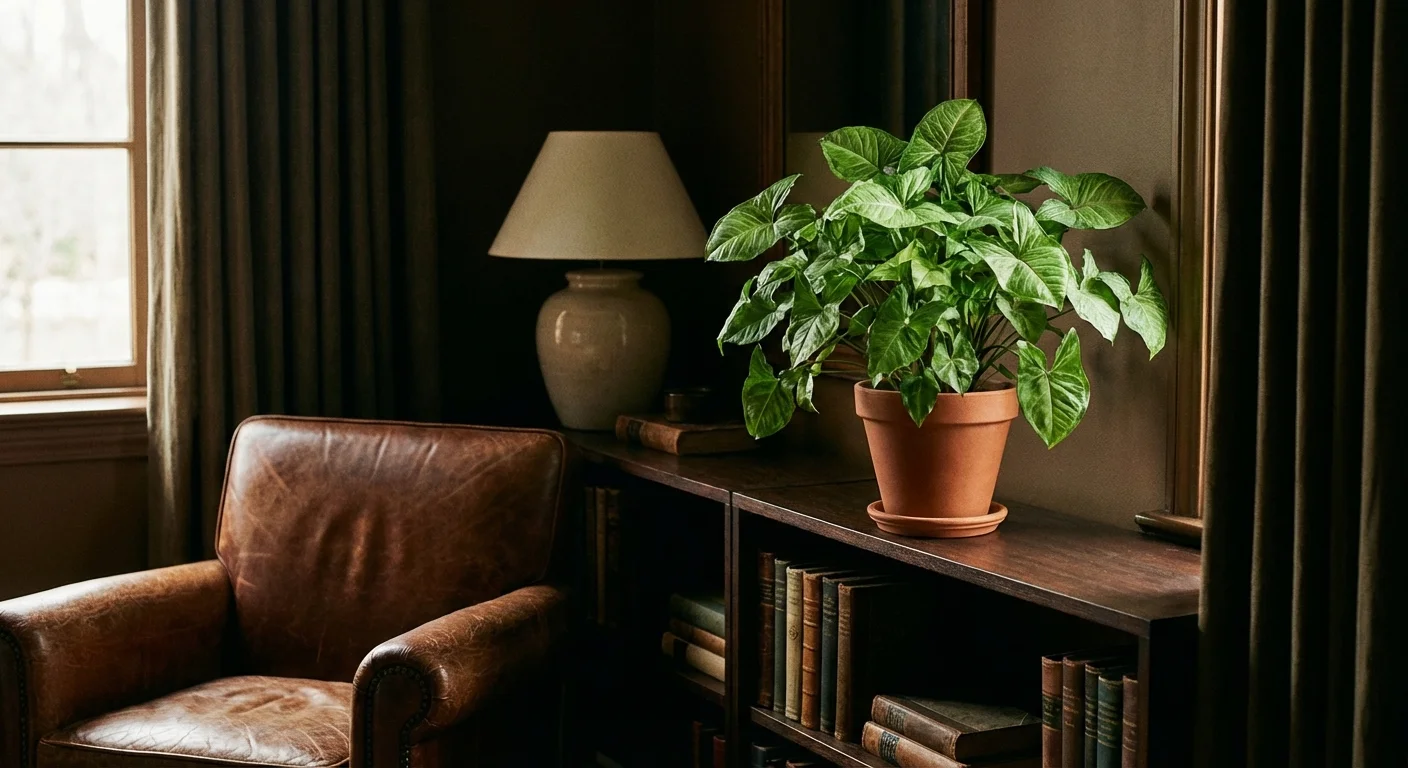 An Arrowhead plant growing on a bookshelf in a room with lower light levels.