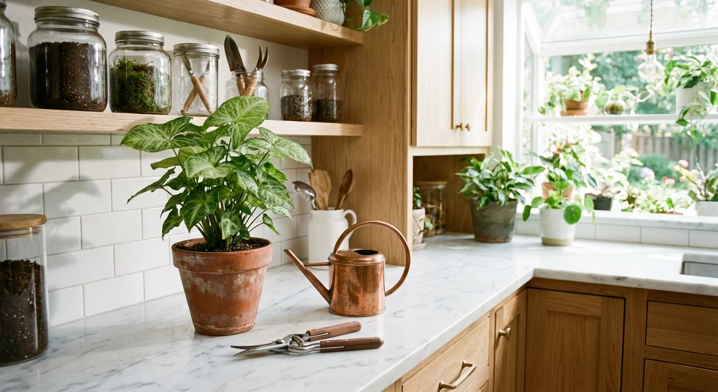 An Arrowhead plant in a terracotta pot next to a watering can on a white counter.