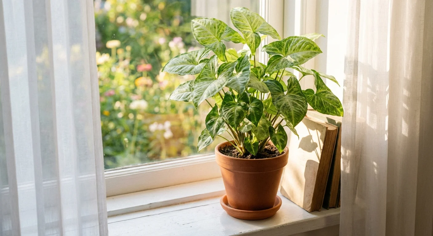 An Arrowhead plant placed near a window with sheer curtains for filtered light.
