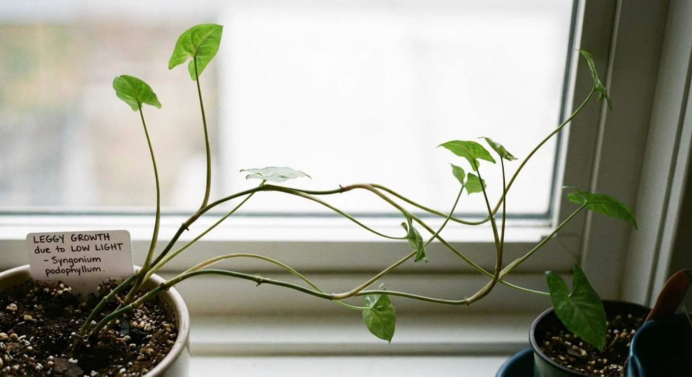 An Arrowhead plant with long, sparse stems reaching toward a window.