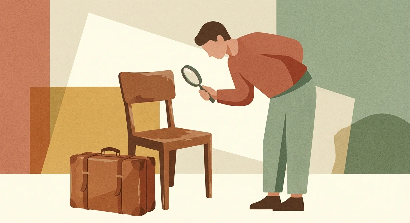 An illustration showing a person examining a chair and luggage for signs of pests.