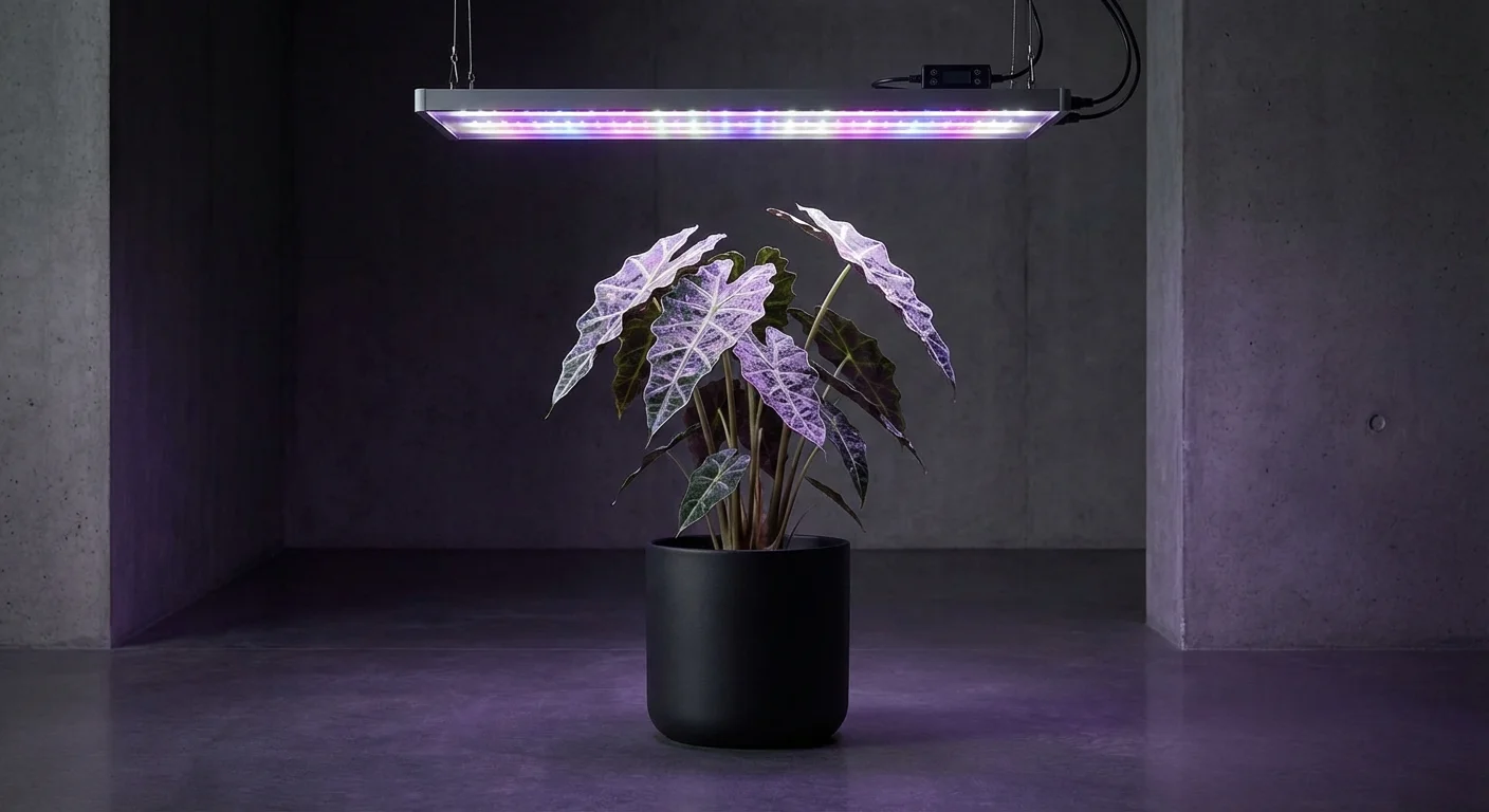An indoor Alocasia plant under a modern LED grow light.