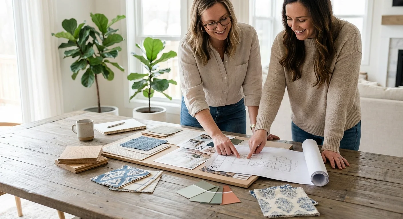 An interior designer and a client planning a budget-friendly home renovation together.