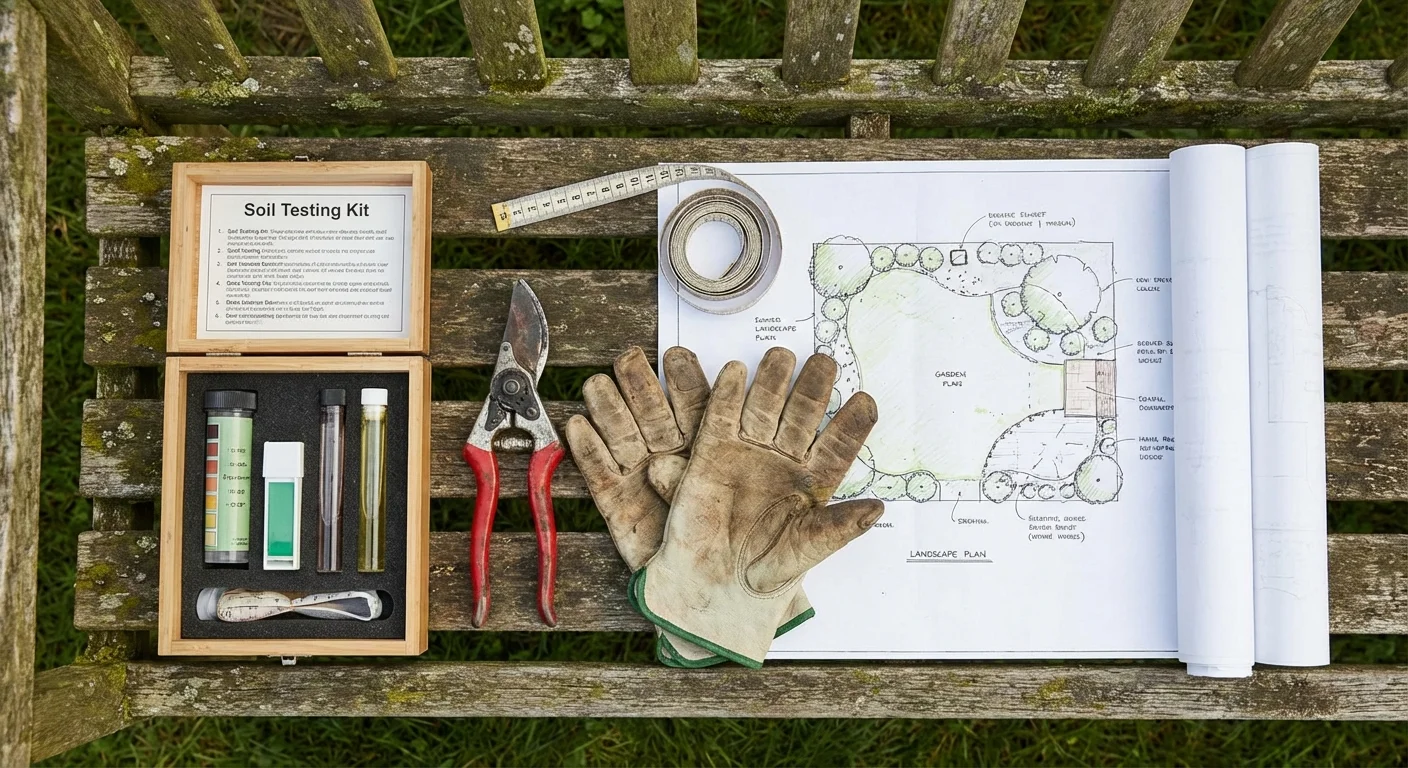 An organized collection of gardening tools, a soil test kit, and a landscape plan on a wooden bench.