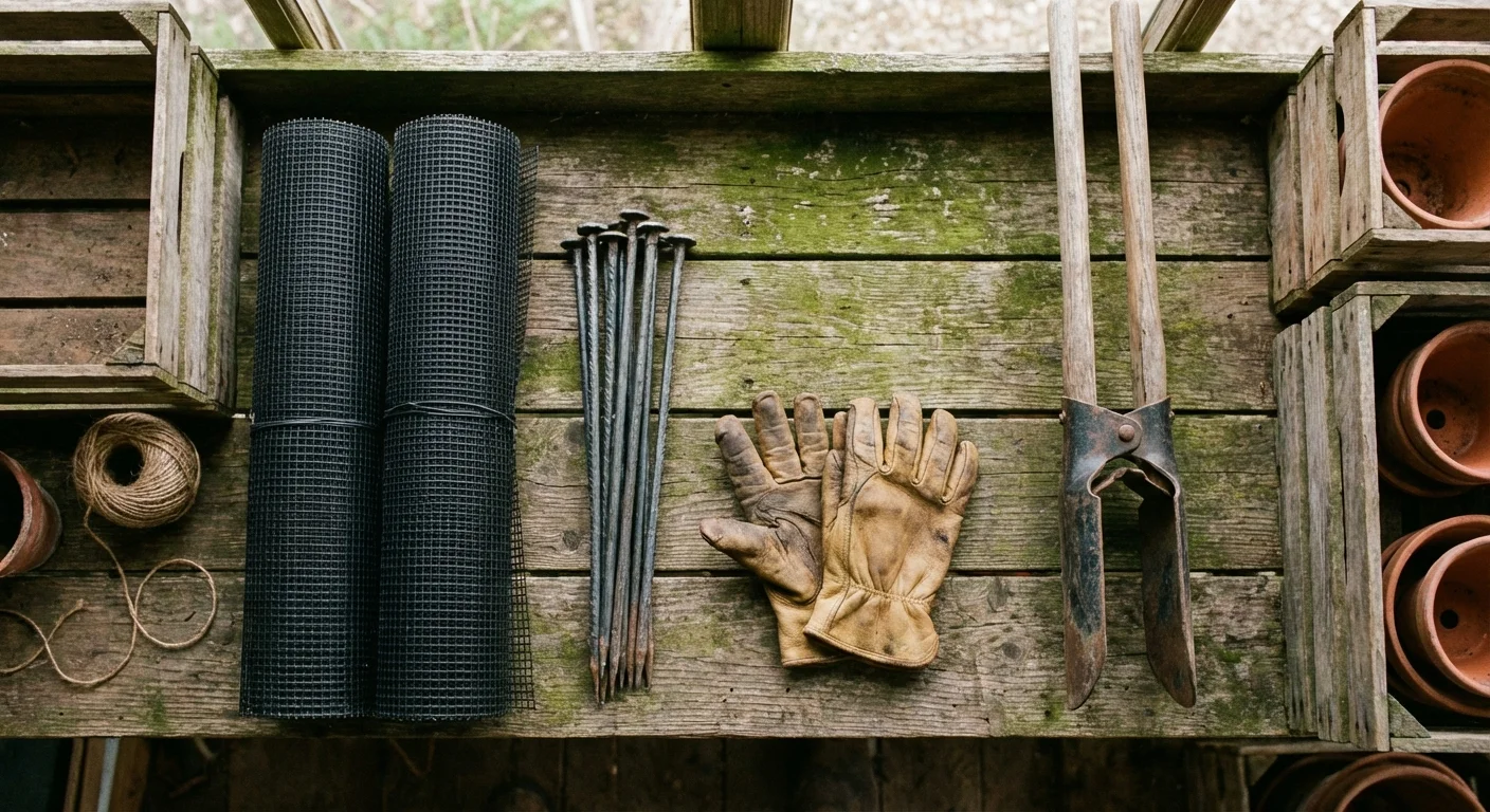 An organized flat lay of deer fencing materials, tools, and gardening gloves on a wooden table.