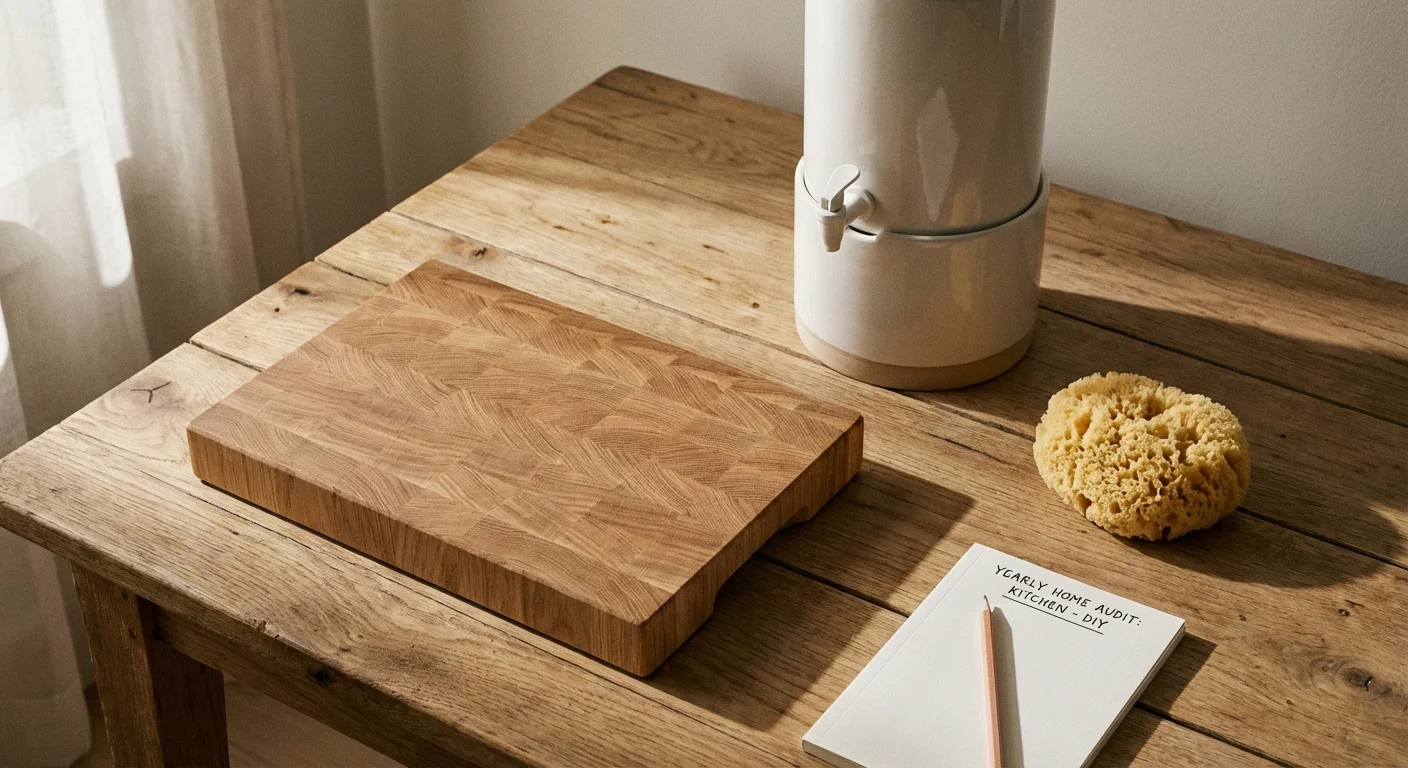 An organized flat lay of new kitchen items like a cutting board and sponge on a wooden surface.