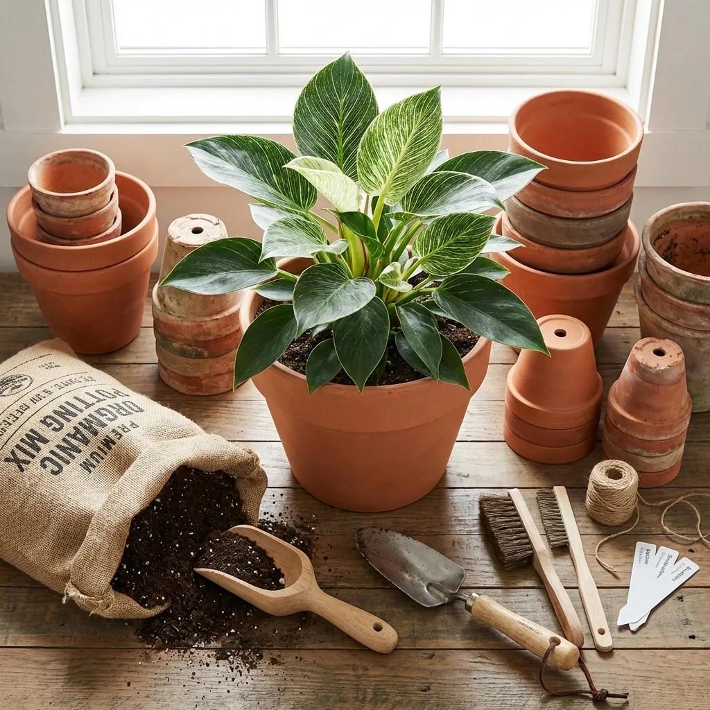 An organized gardening setup with pots and soil for Philodendron Birkin maintenance.