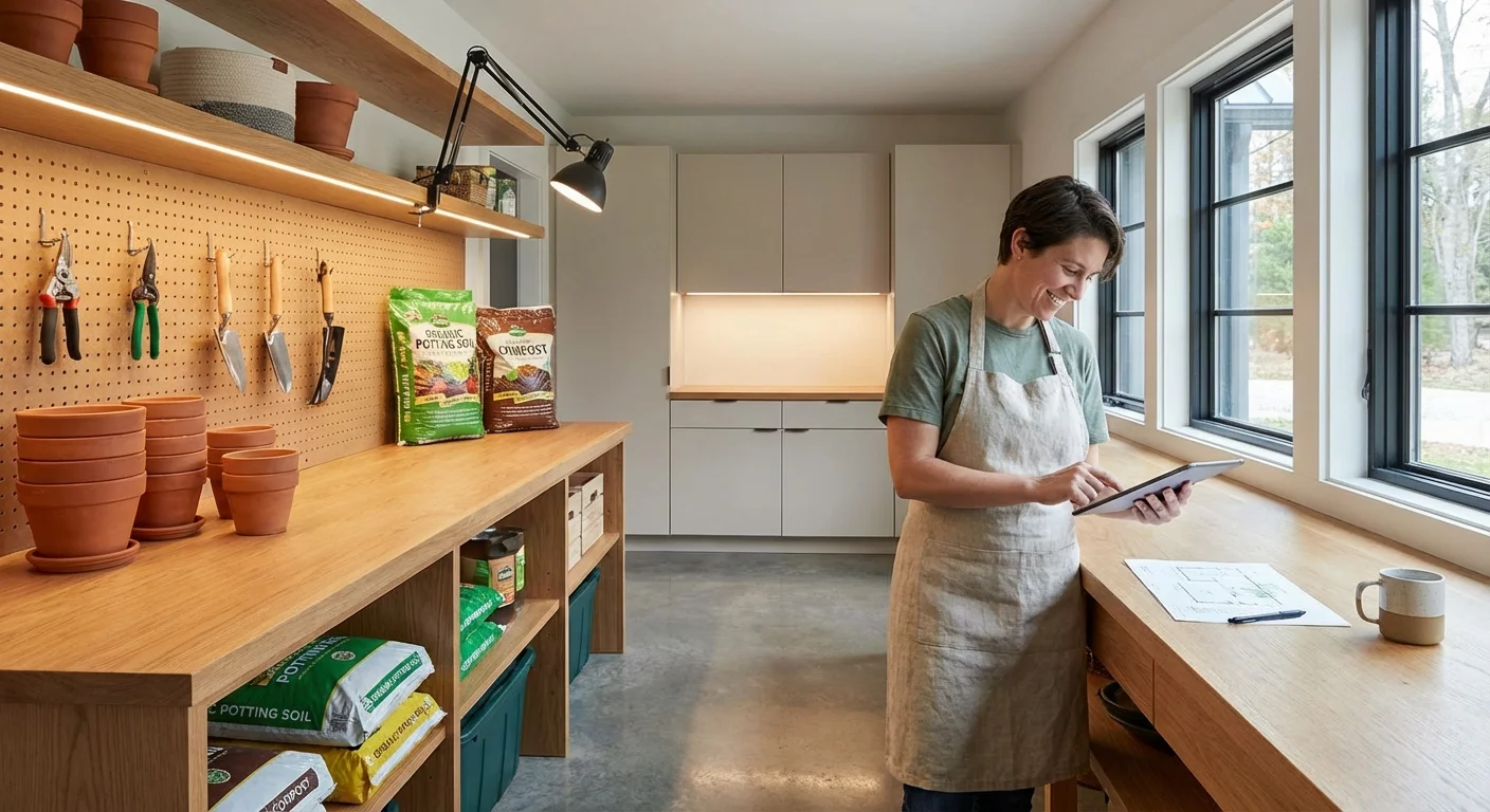 An organized indoor gardening workspace with wooden benches, clay pots, and gardening tools.