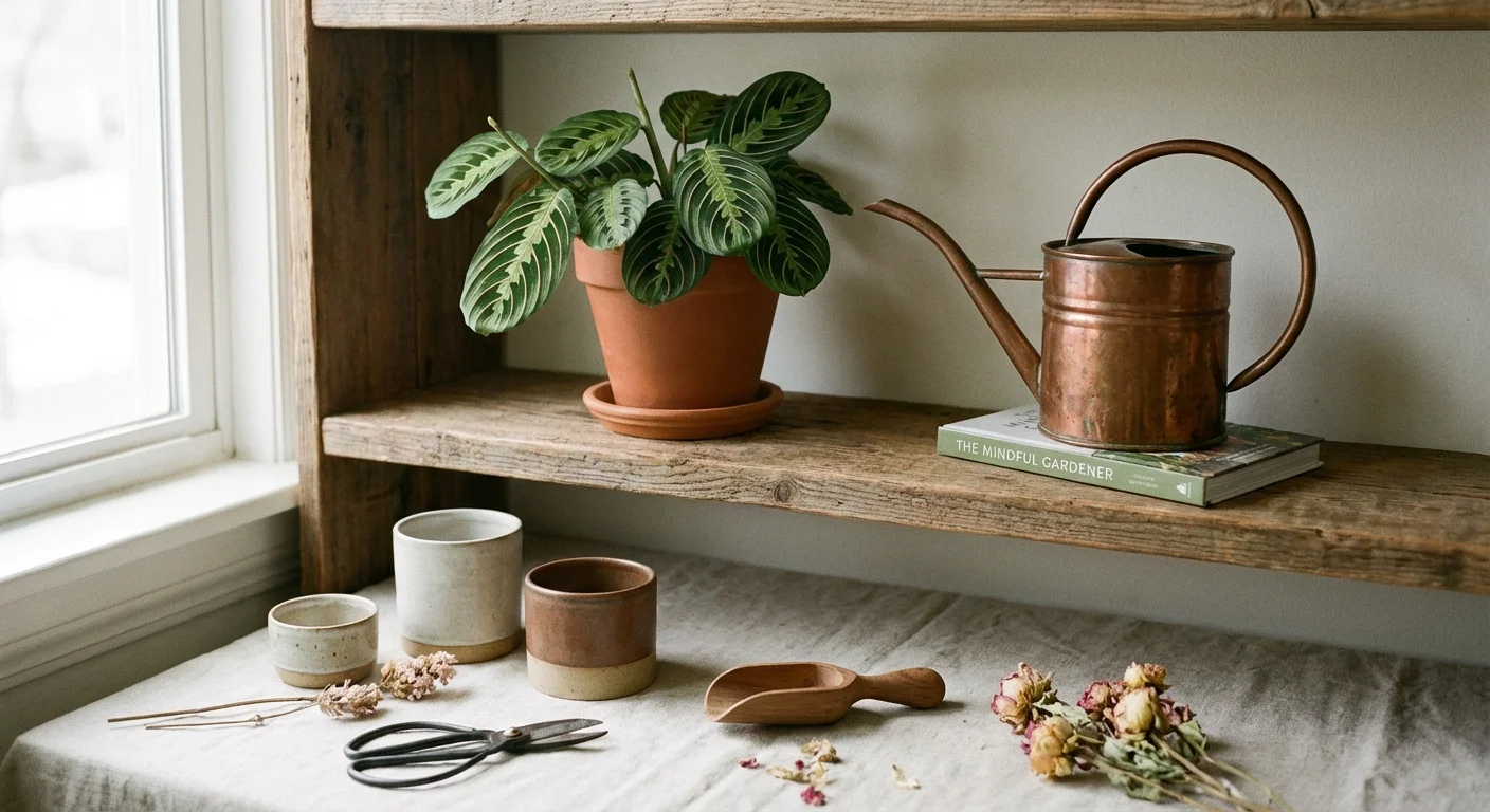 An organized shelf with a plant and gardening tools in soft, natural light.
