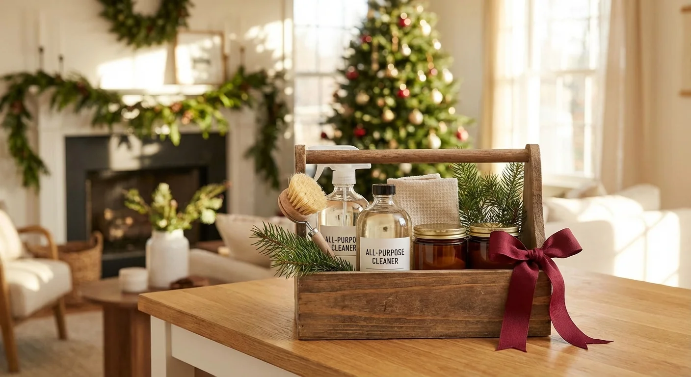 An organized wooden cleaning caddy with festive pine accents in a sunlit room.