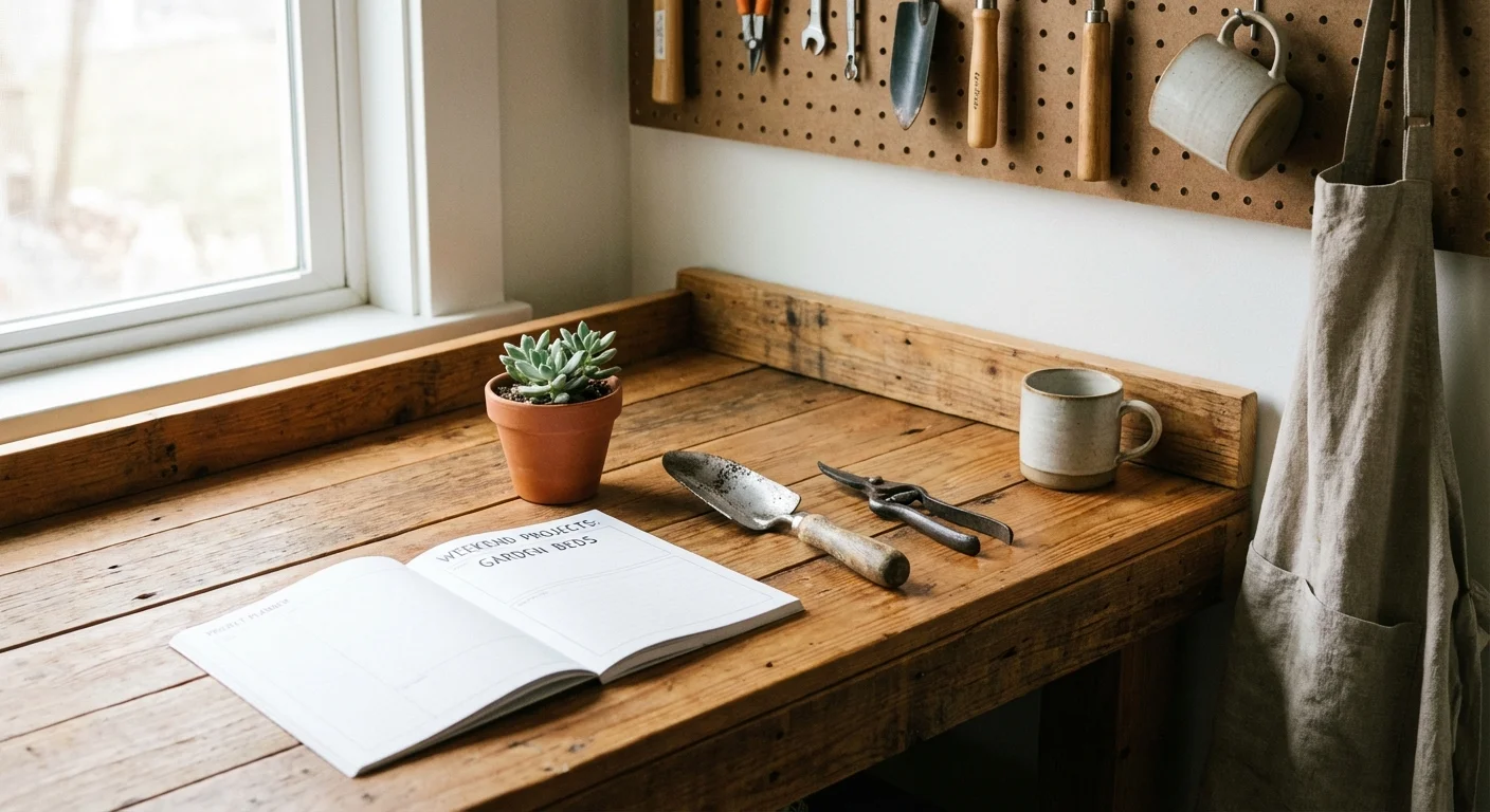 An organized wooden workspace with gardening tools and a planner, symbolizing manageable DIY project planning.