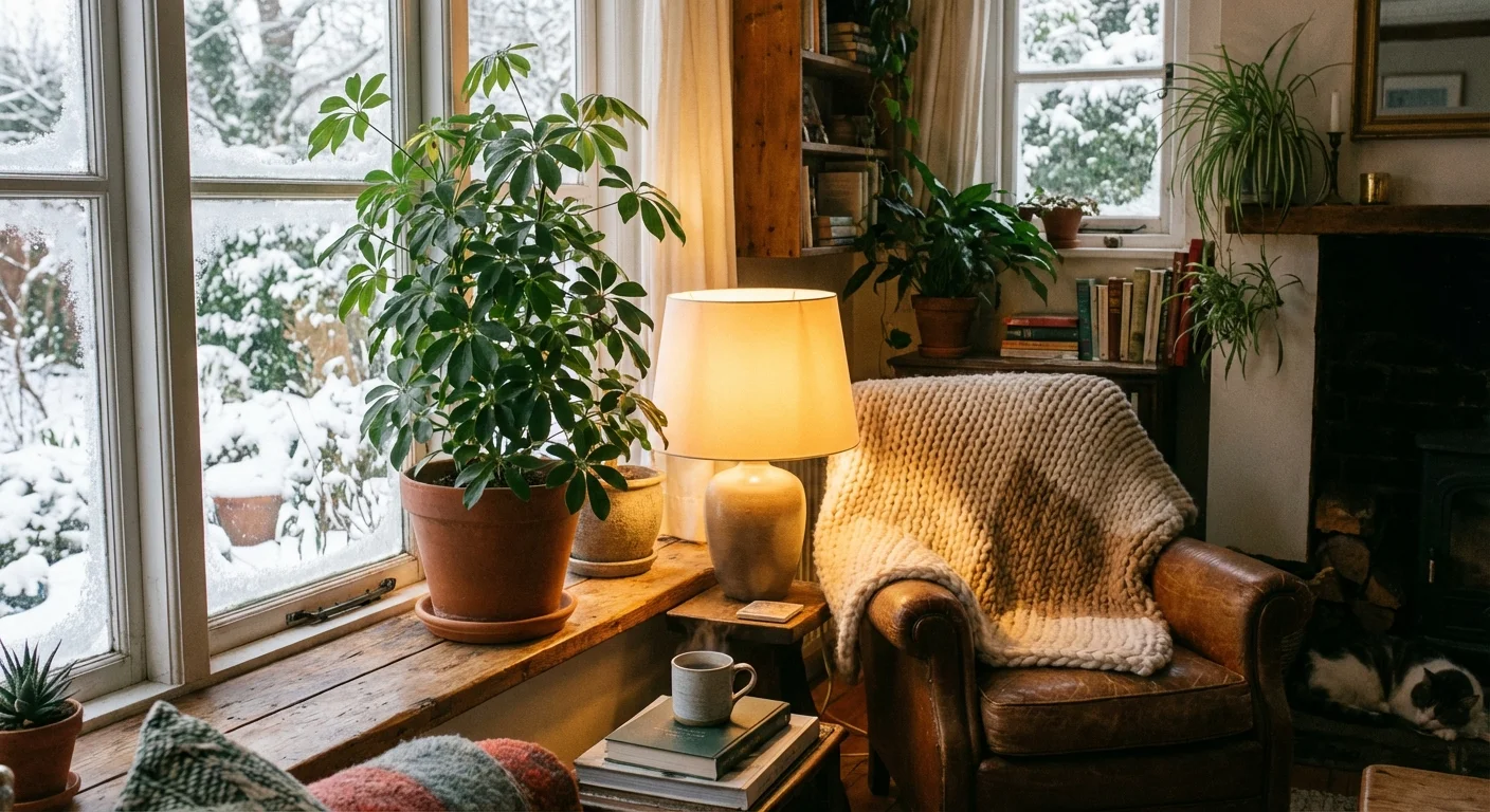 An Umbrella Plant inside a cozy room during winter, with snow visible through the window.