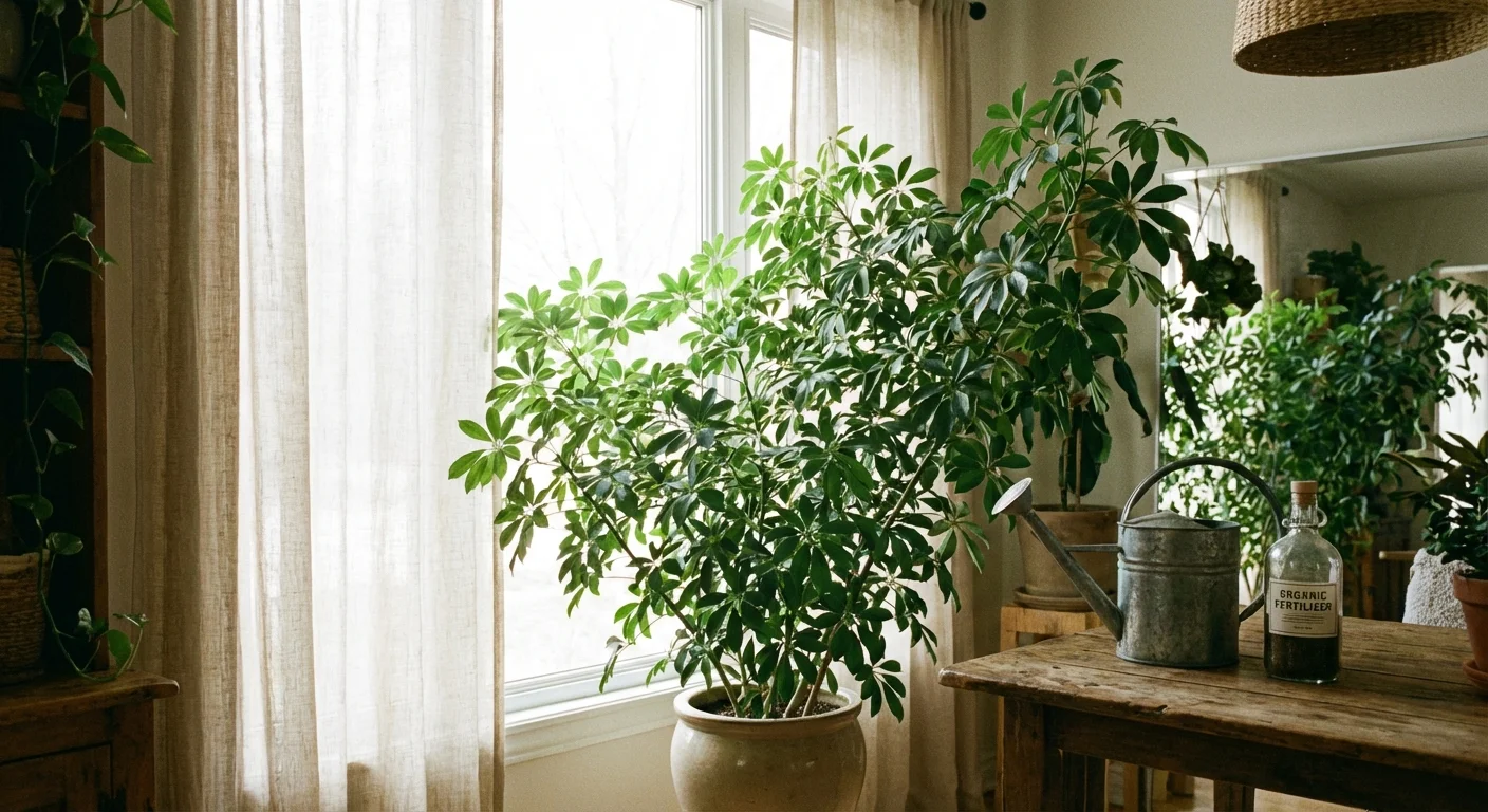 An Umbrella Plant near a bright window with gardening tools, illustrating ideal care conditions.
