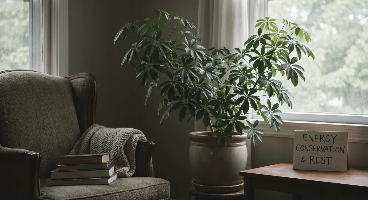 An umbrella plant resting in a quiet corner with soft, moody lighting.