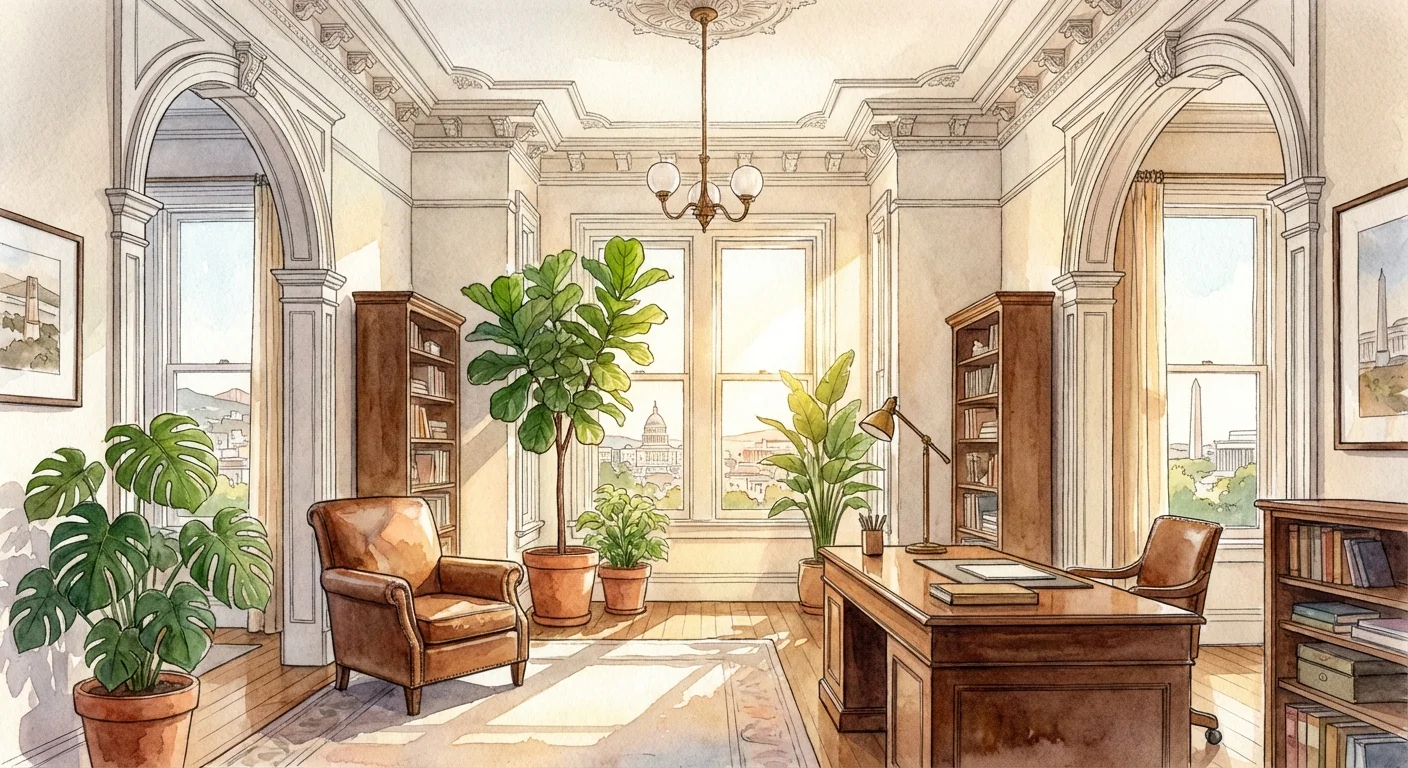 Artistic watercolor rendering of a bright, plant-filled interior space with architectural details.
