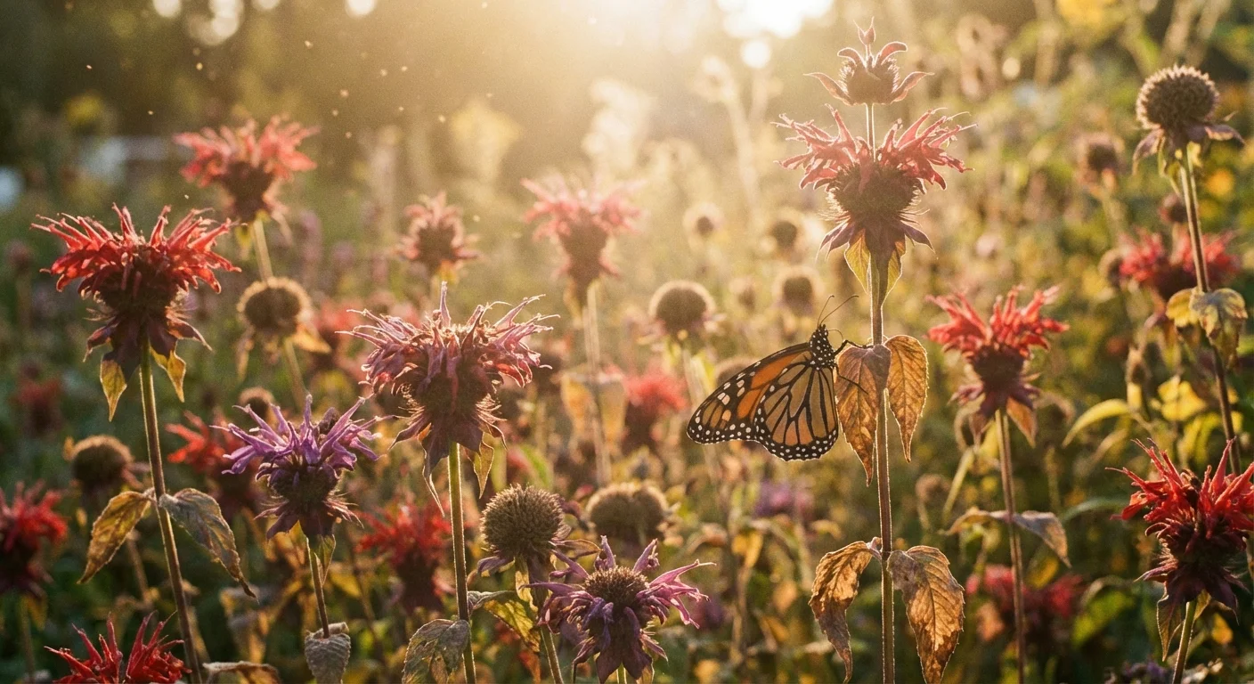 Bee Balm flowers glowing in the warm light of a late summer afternoon.
