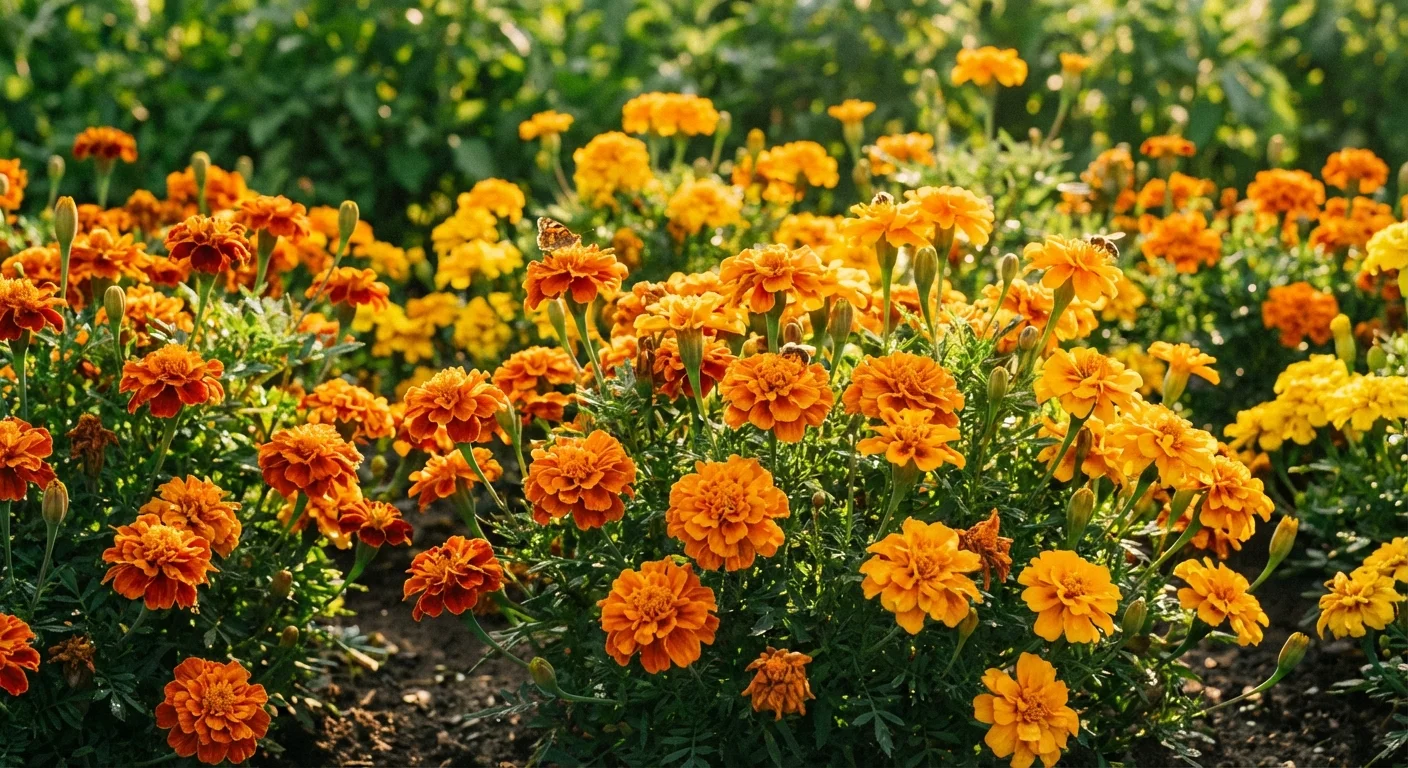 Bright orange marigolds blooming in a garden, used to deter pests.