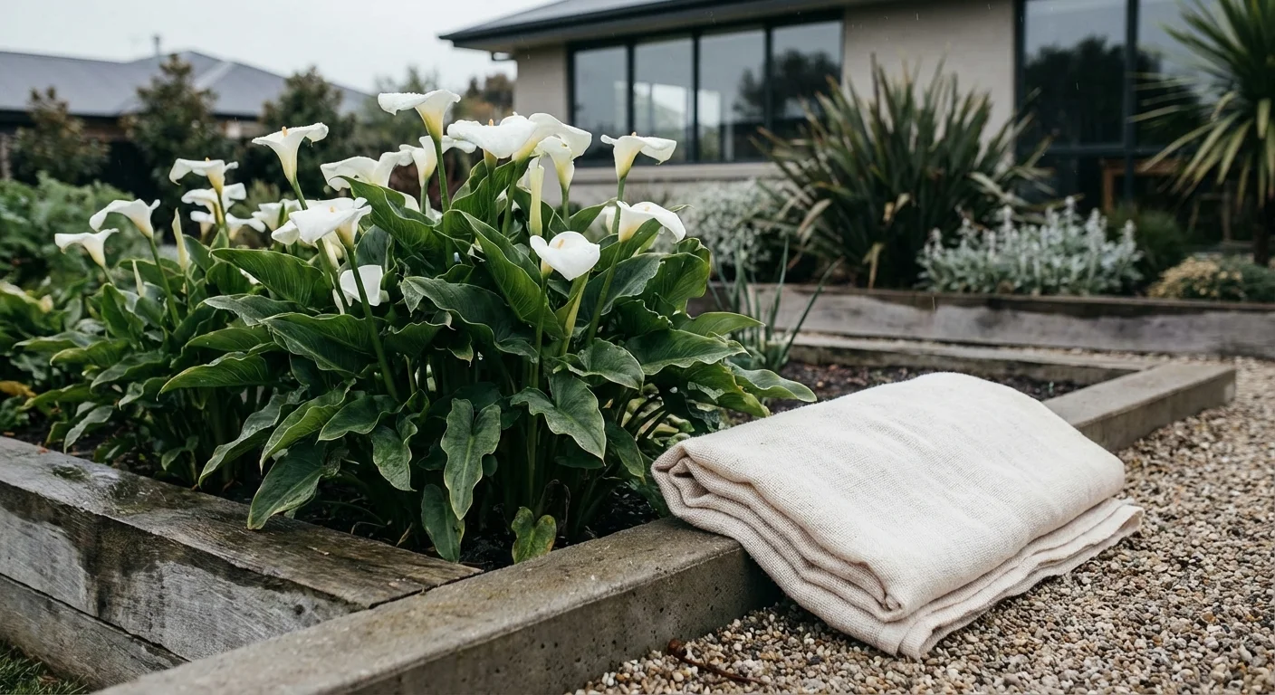 Calla lilies in a garden with garden protection tools visible in the background.