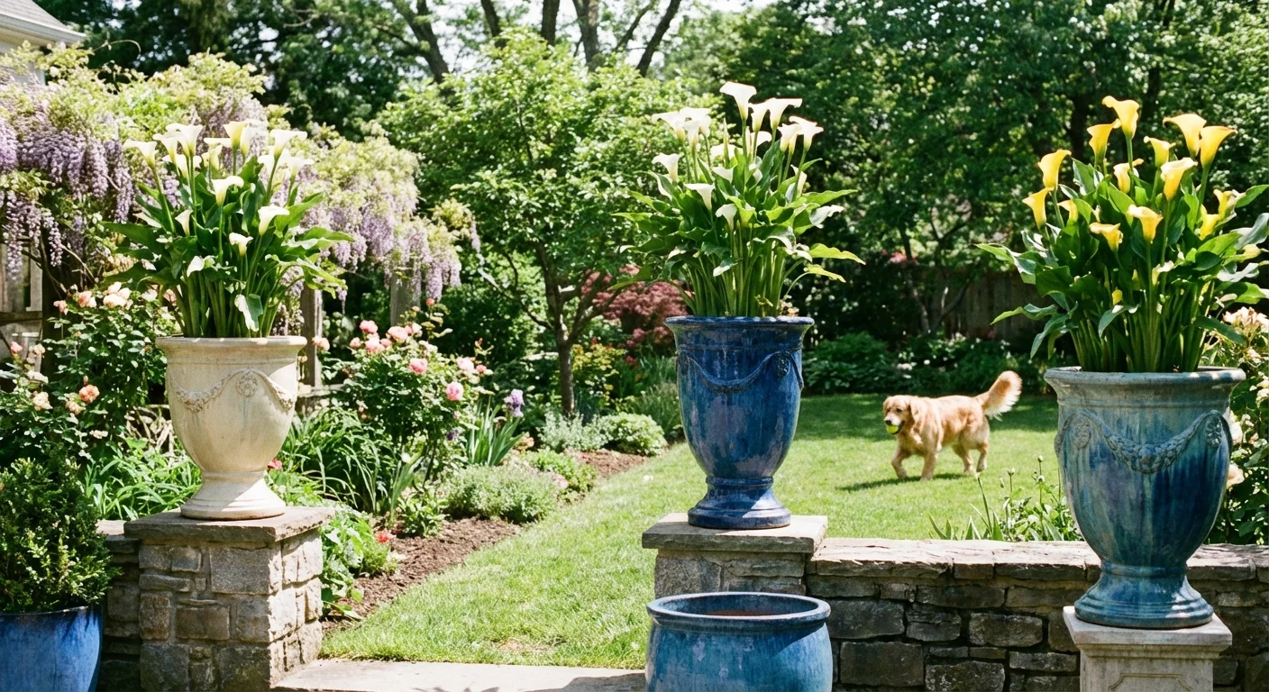 Calla Lilies planted in high pots in a garden, out of reach from a dog playing in the background.