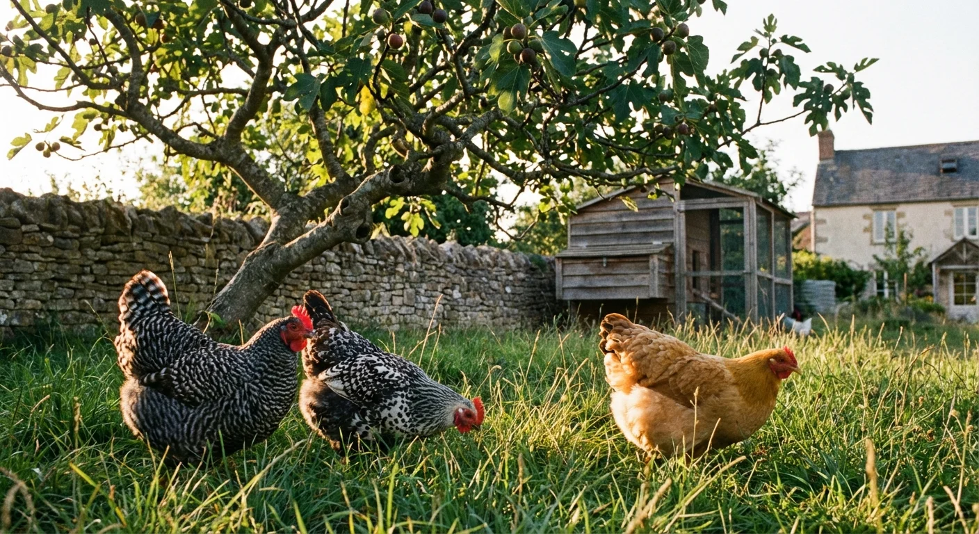 Chickens foraging for insects under a fig tree in a sunny garden.