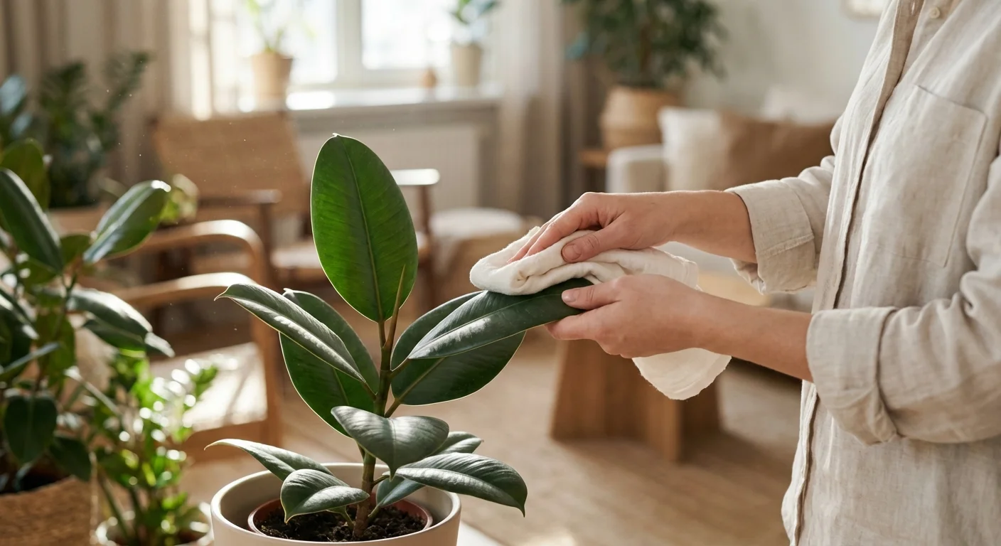 Cleaning dust off a Rubber Plant leaf with a soft cloth.