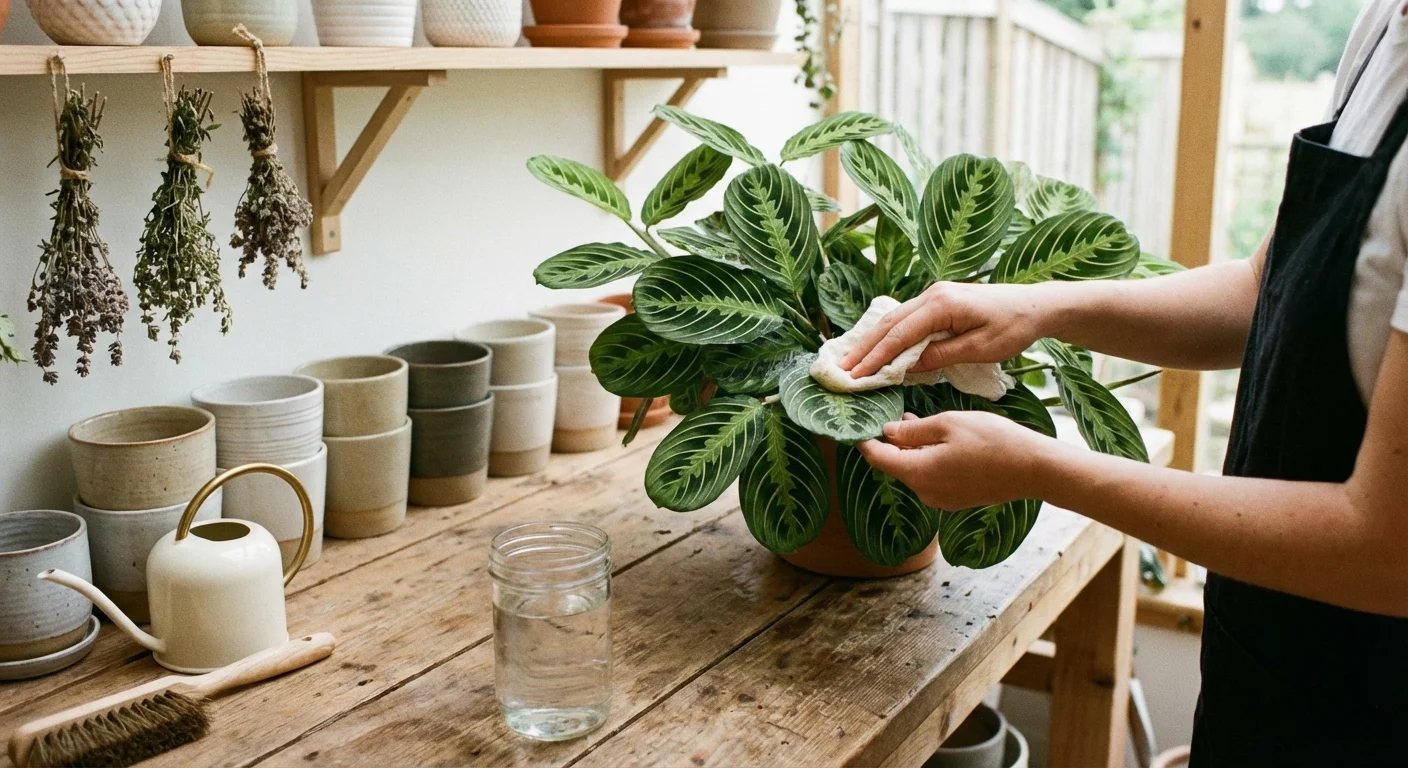 Cleaning prayer plant leaves before pruning.