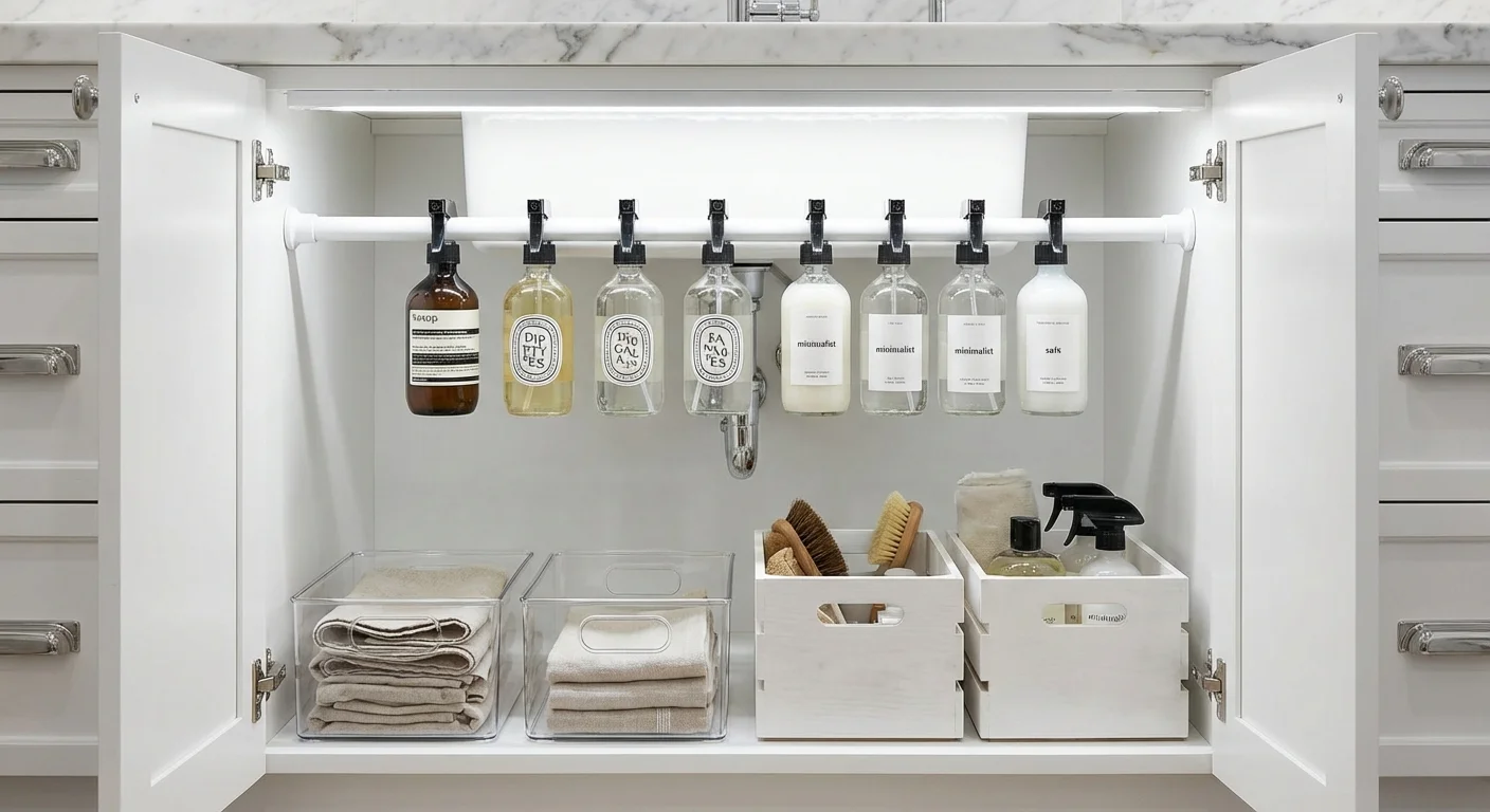 Cleaning spray bottles hanging from a tension rod inside a white under-sink cabinet.