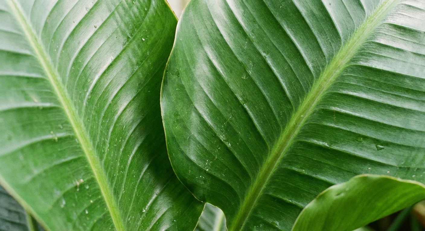 Close-up detail of a large, glossy green Bird of Paradise leaf.