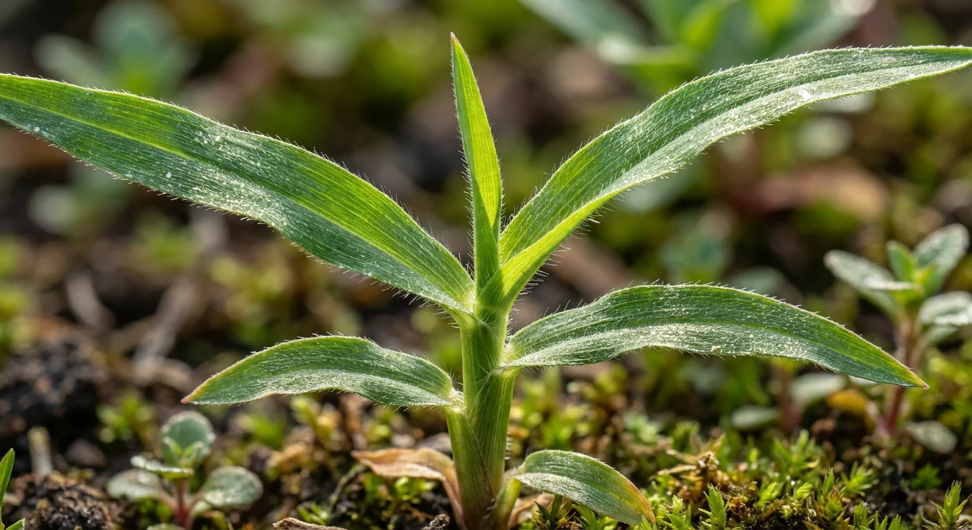 Close-up macro shot of a crabgrass plant showing its thick, spreading blades.