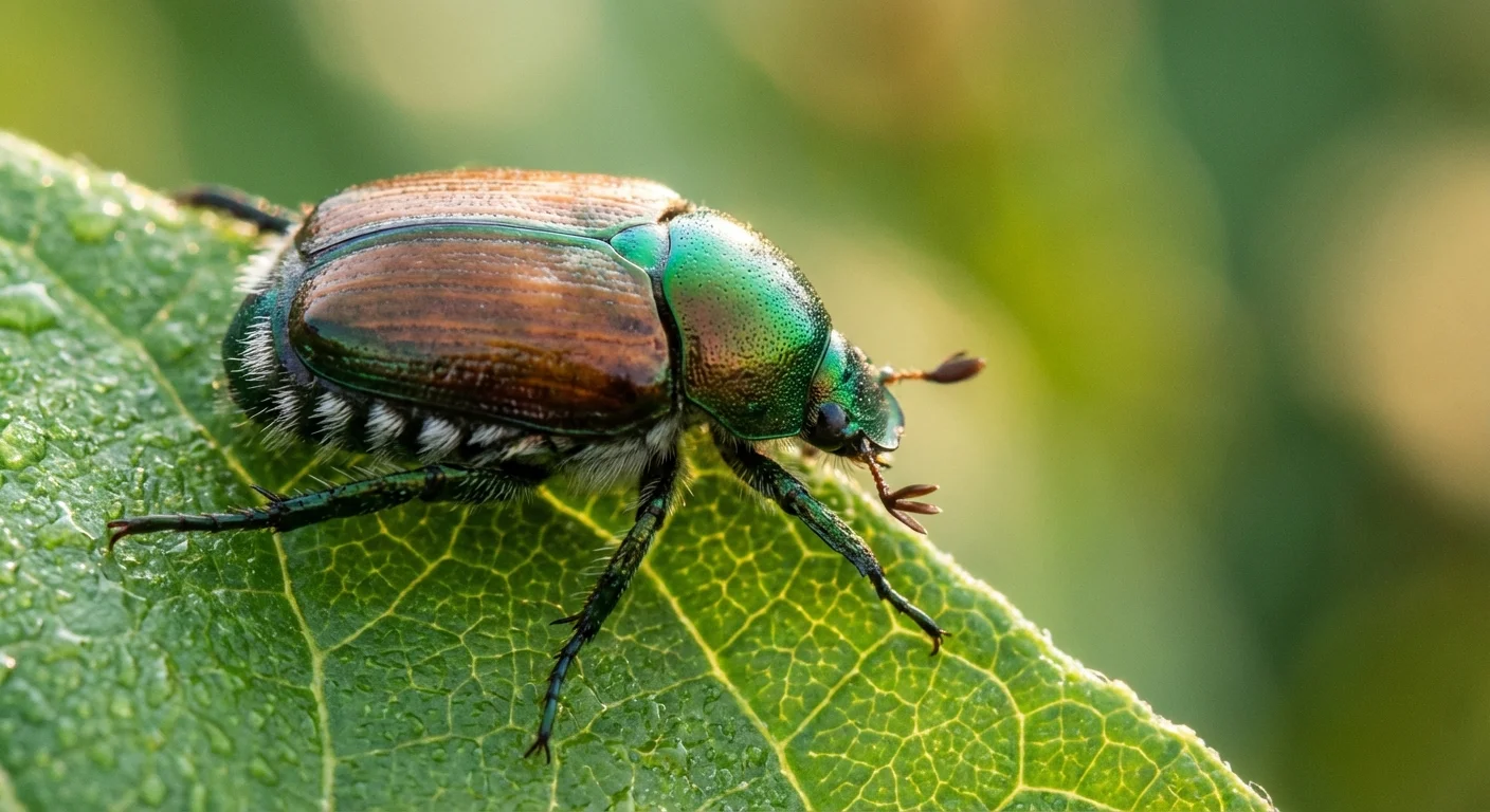 Close-up macro shot of a metallic green and copper Japanese beetle.