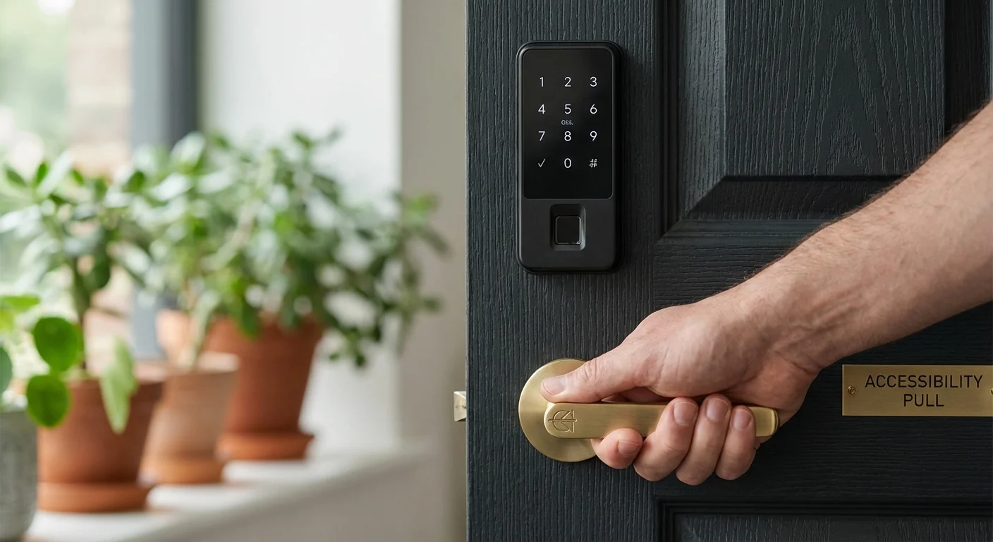 Close-up of a brass lever door handle and smart lock on a dark modern door.