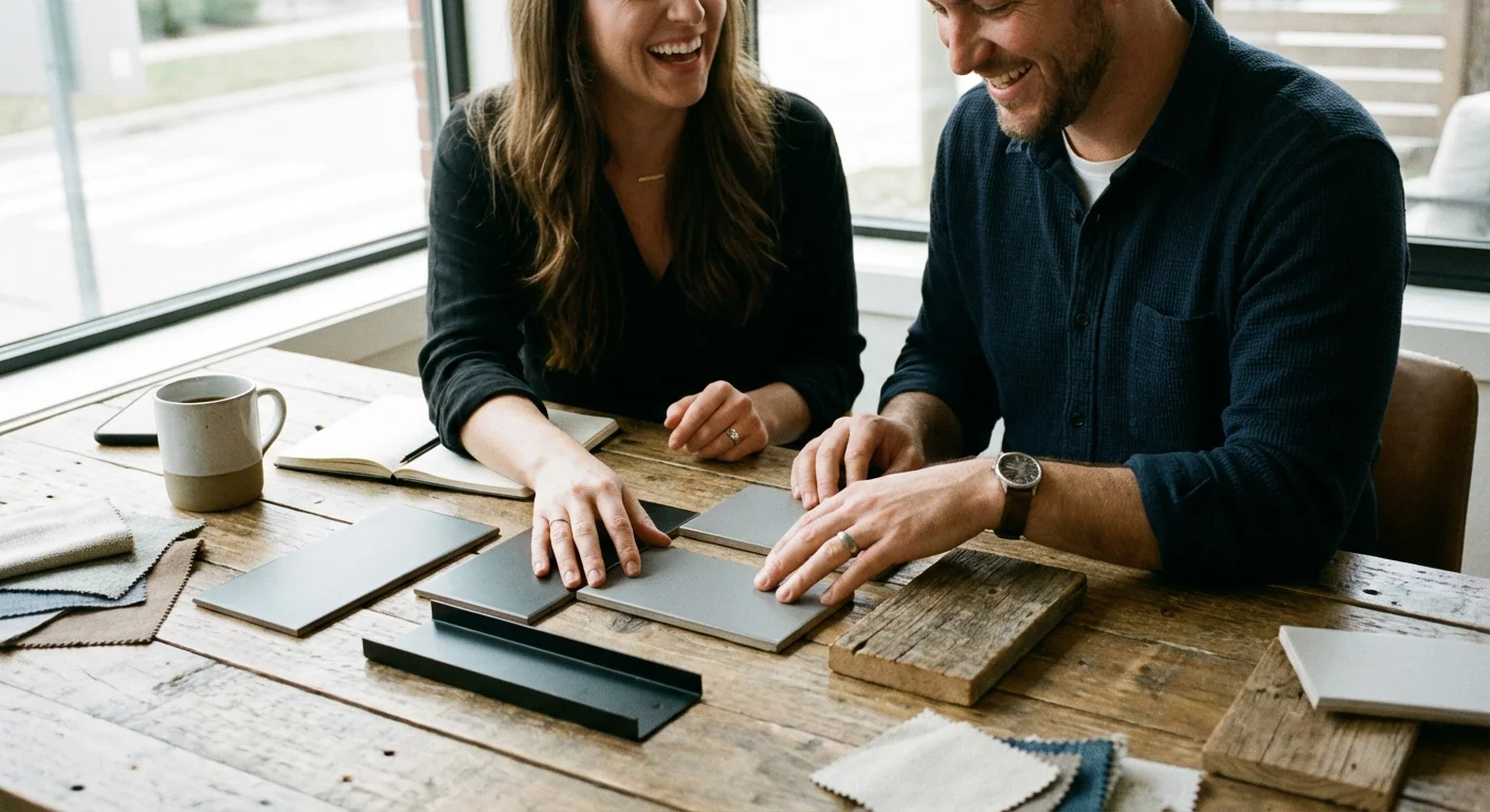 Close-up of a designer and homeowner selecting industrial tile and wood samples for a renovation.