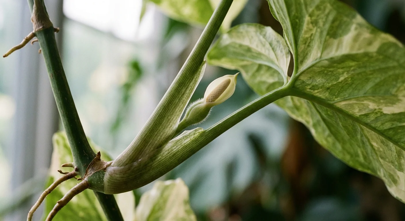 Close-up of a flower bud emerging from the leaf axil of a Syngonium plant.