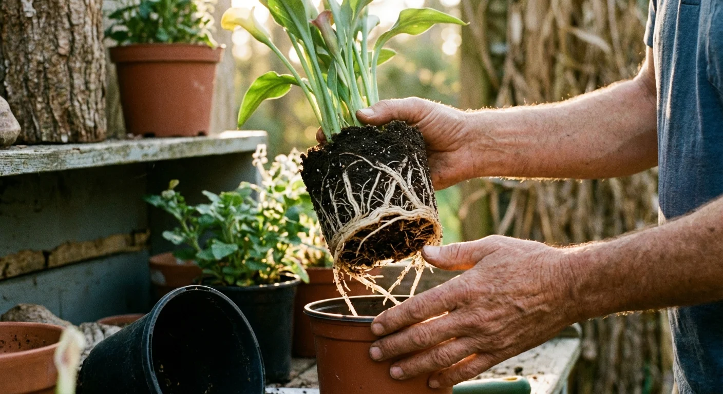Close-up of a gardener easily removing a Calla Lily from its pot.