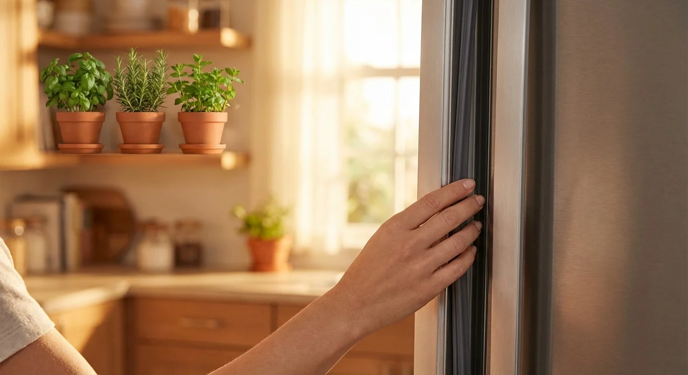 Close-up of a hand checking a refrigerator door seal in a bright kitchen with plants.