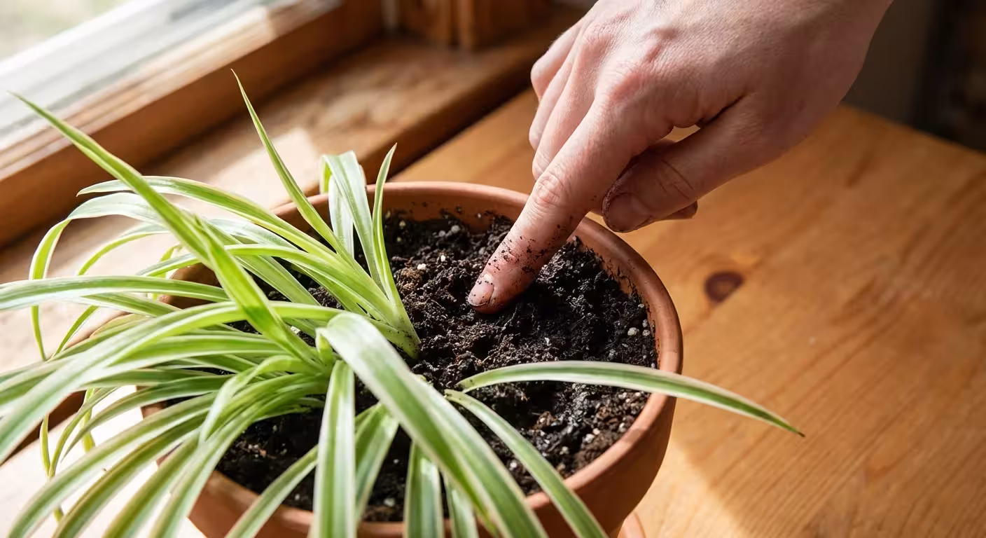 Close-up of a hand checking the soil moisture of a spider plant in a bright indoor setting.