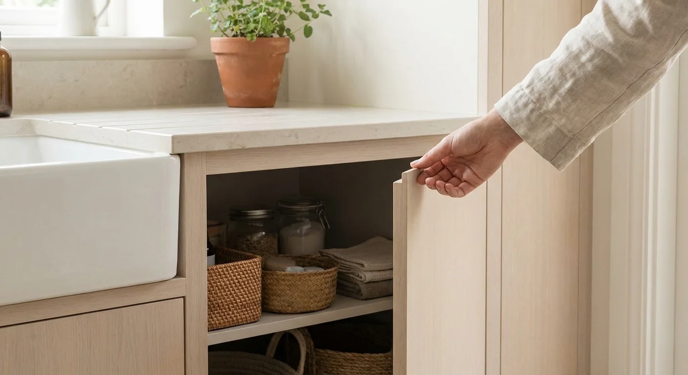Close-up of a hand opening a well-lit, organized wooden cabinet under a kitchen sink.