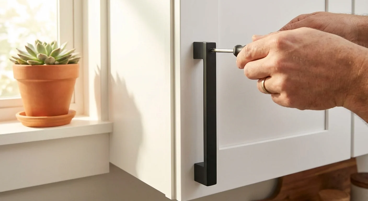 Close-up of a hand replacing a cabinet handle with a modern matte black pull in a bright kitchen.