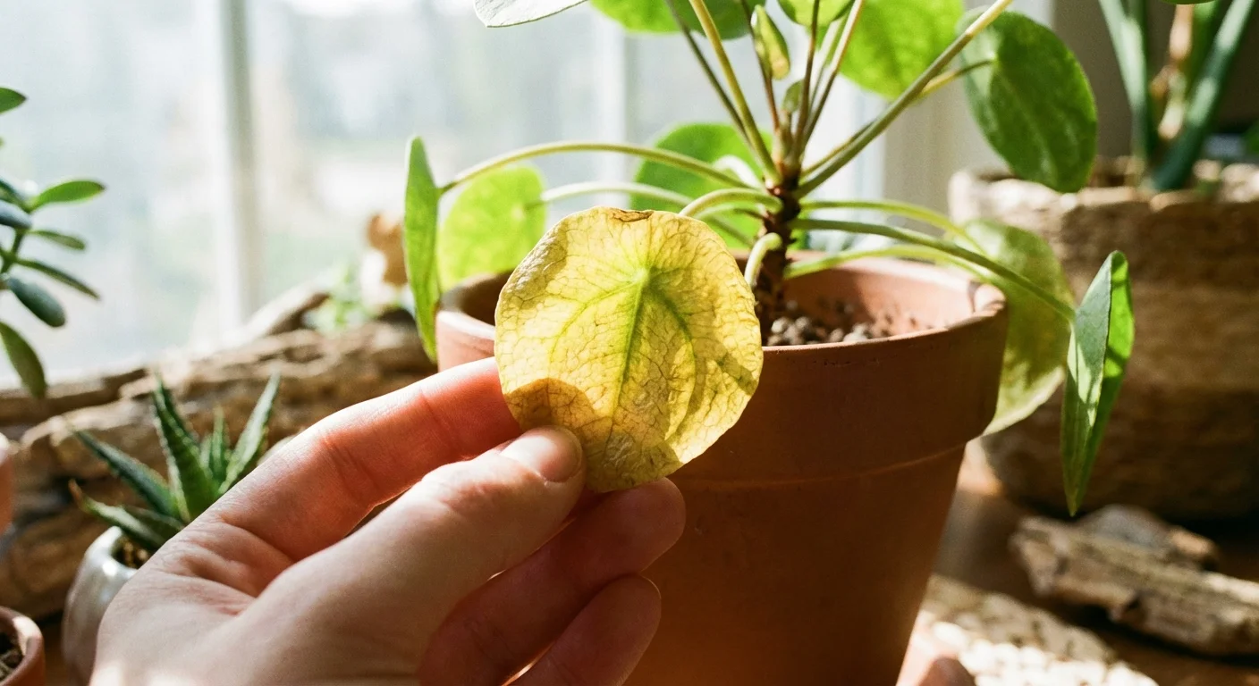 Close-up of a hand touching a yellowing leaf on a Chinese Money Plant.