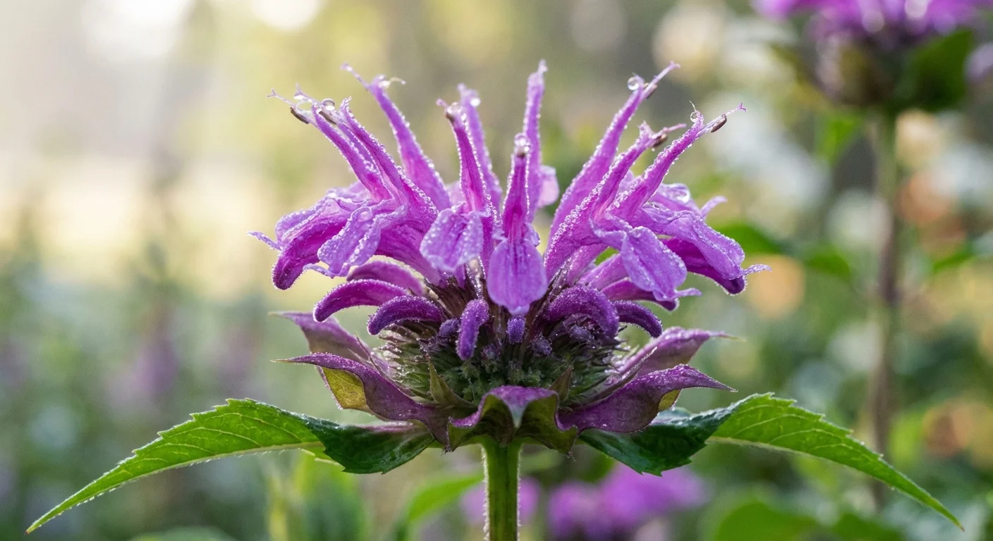 Close-up of a healthy purple Bee Balm flower showing no signs of being eaten by deer.