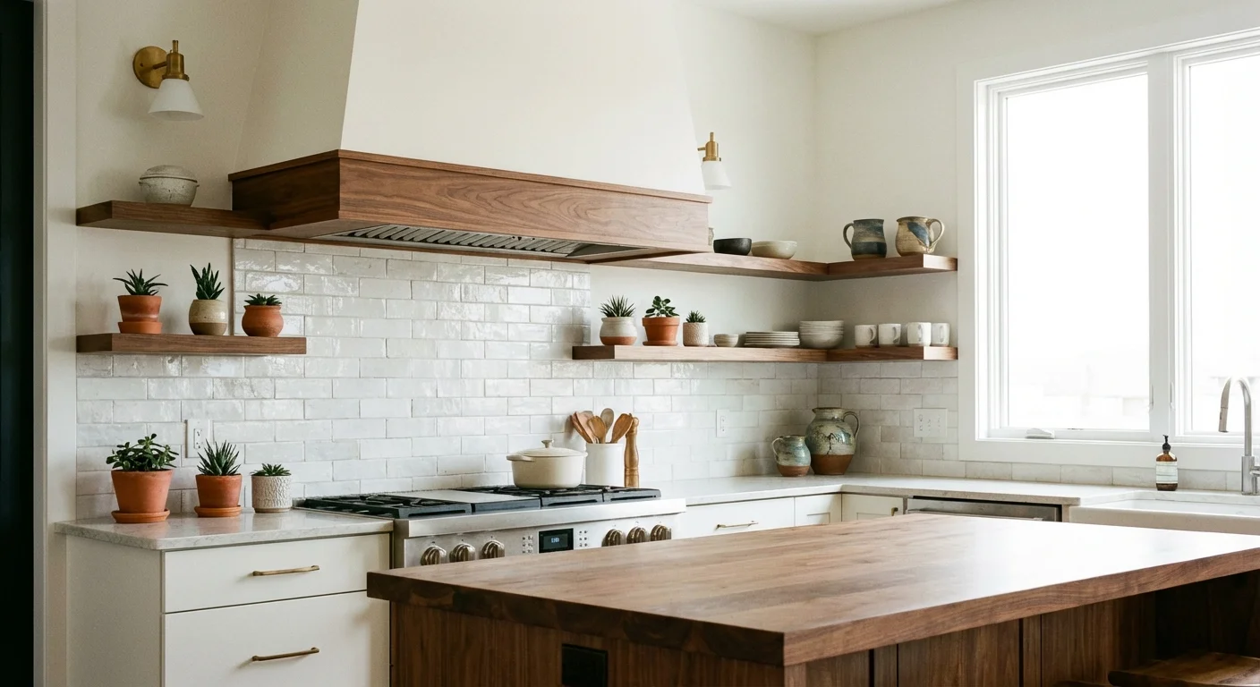 Close-up of a kitchen range hood with wood trim in a bright, modern kitchen with plants.