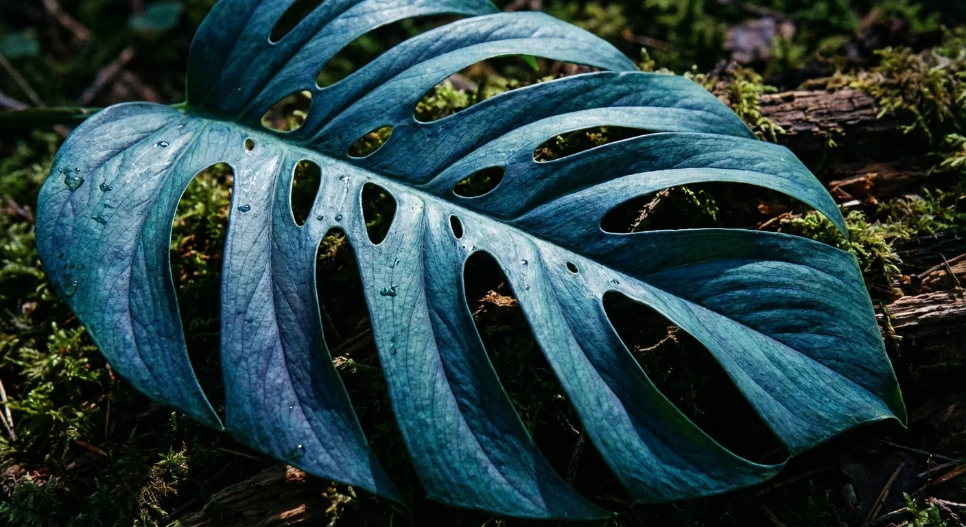 Close-up of a mature Baltic Blue Pothos leaf with distinct splits or fenestrations.