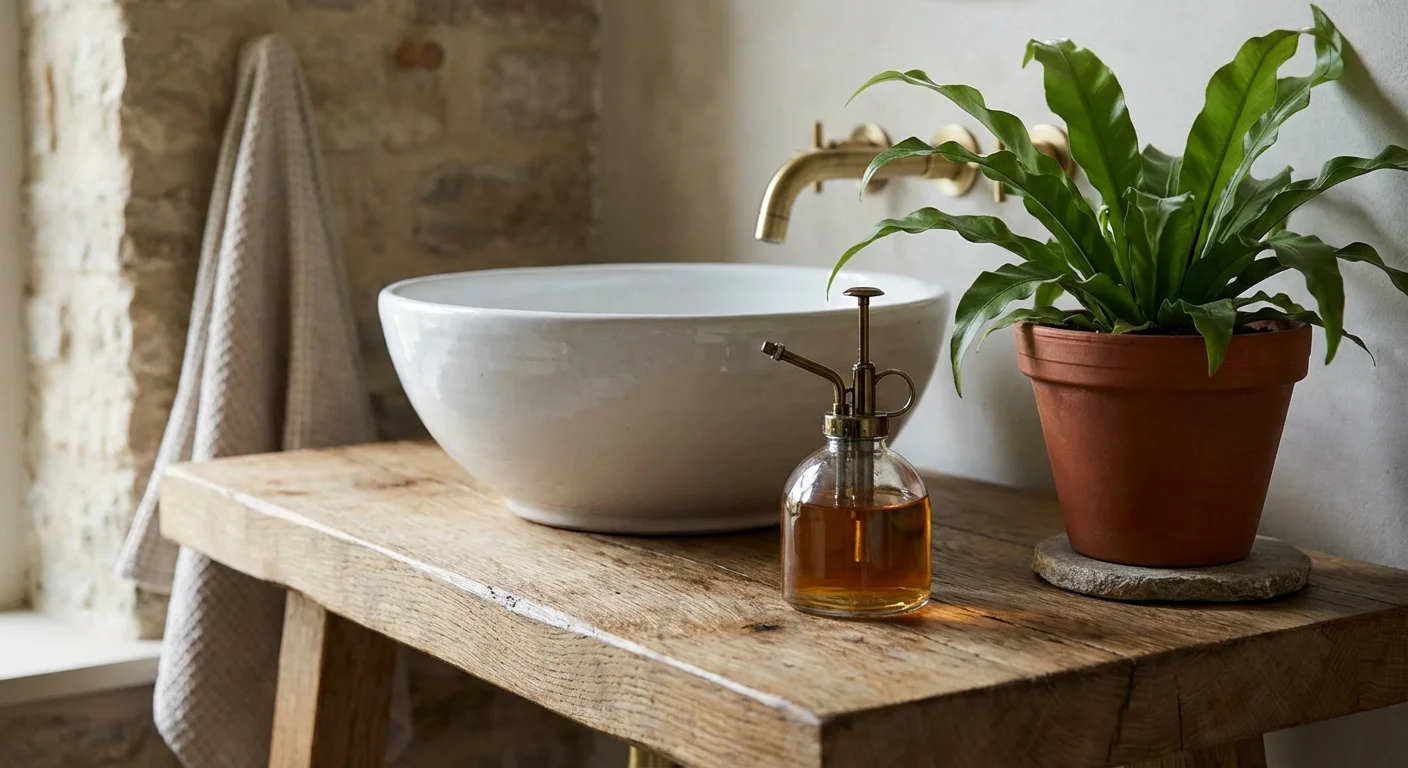 Close-up of a modern bathroom vanity with a white vessel sink, a green fern, and natural wood textures.