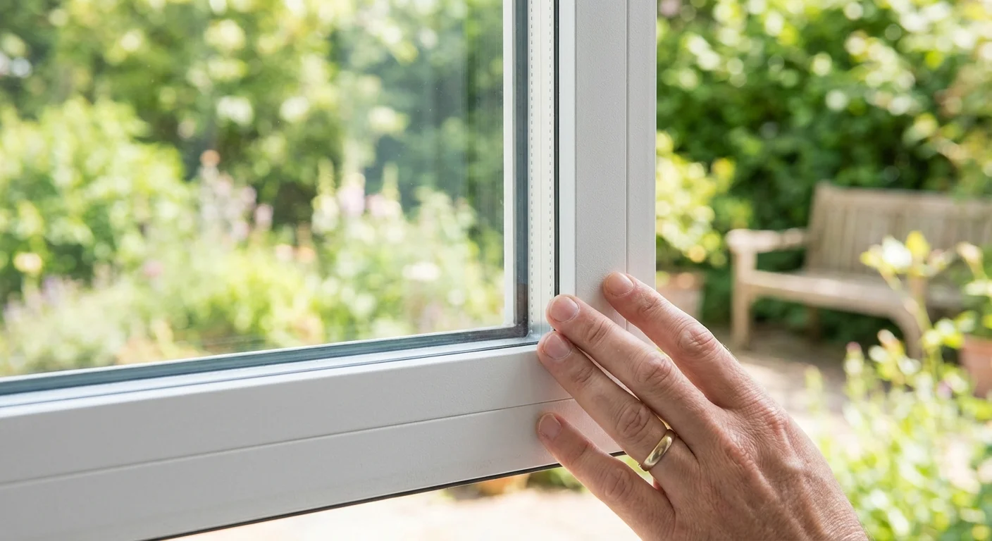 Close-up of a modern, energy-efficient window frame with a clear view of a green garden.